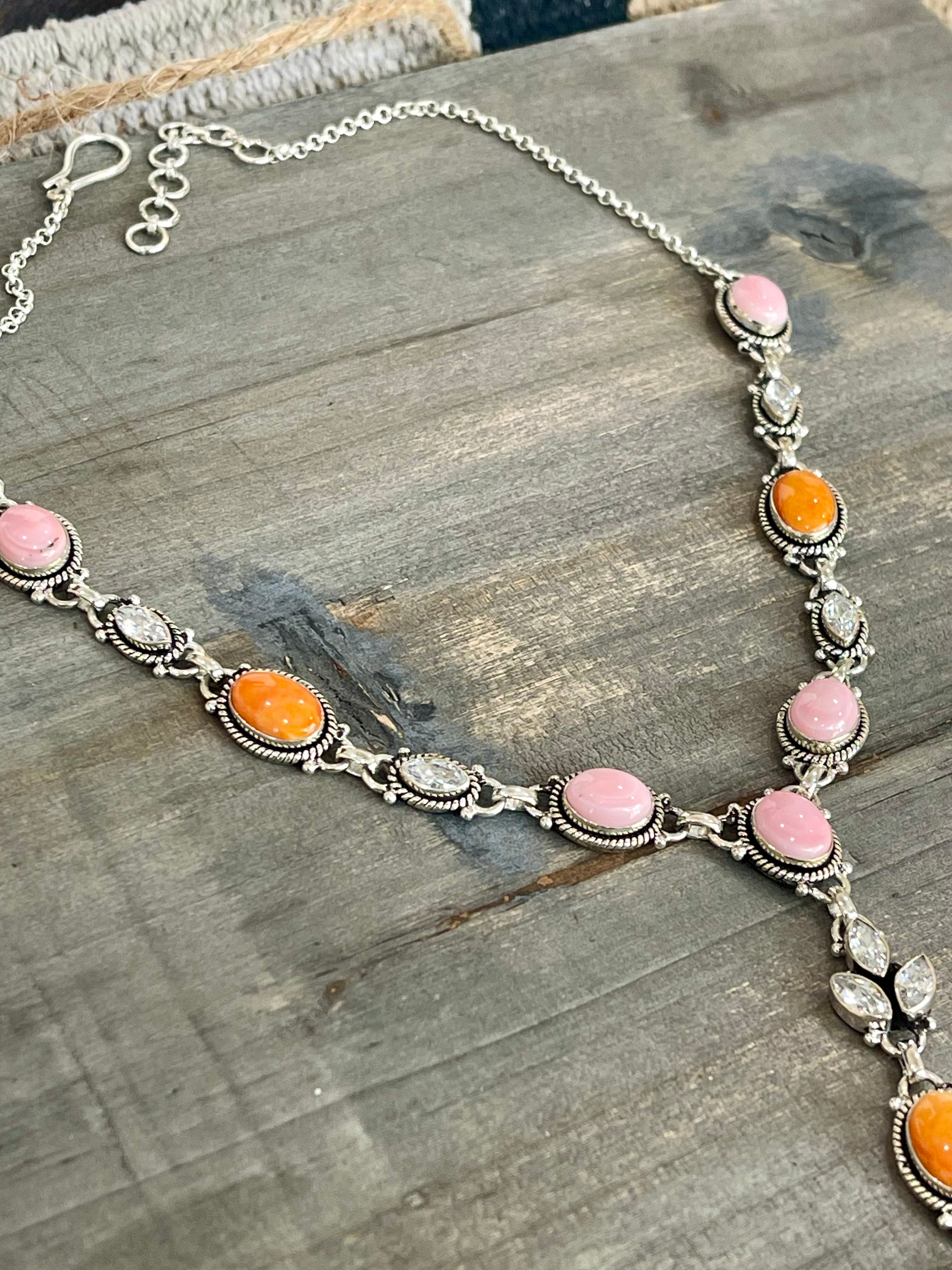 Handmade Sterling Silver, Orange Spiny & Pink Conch Lariat Necklace