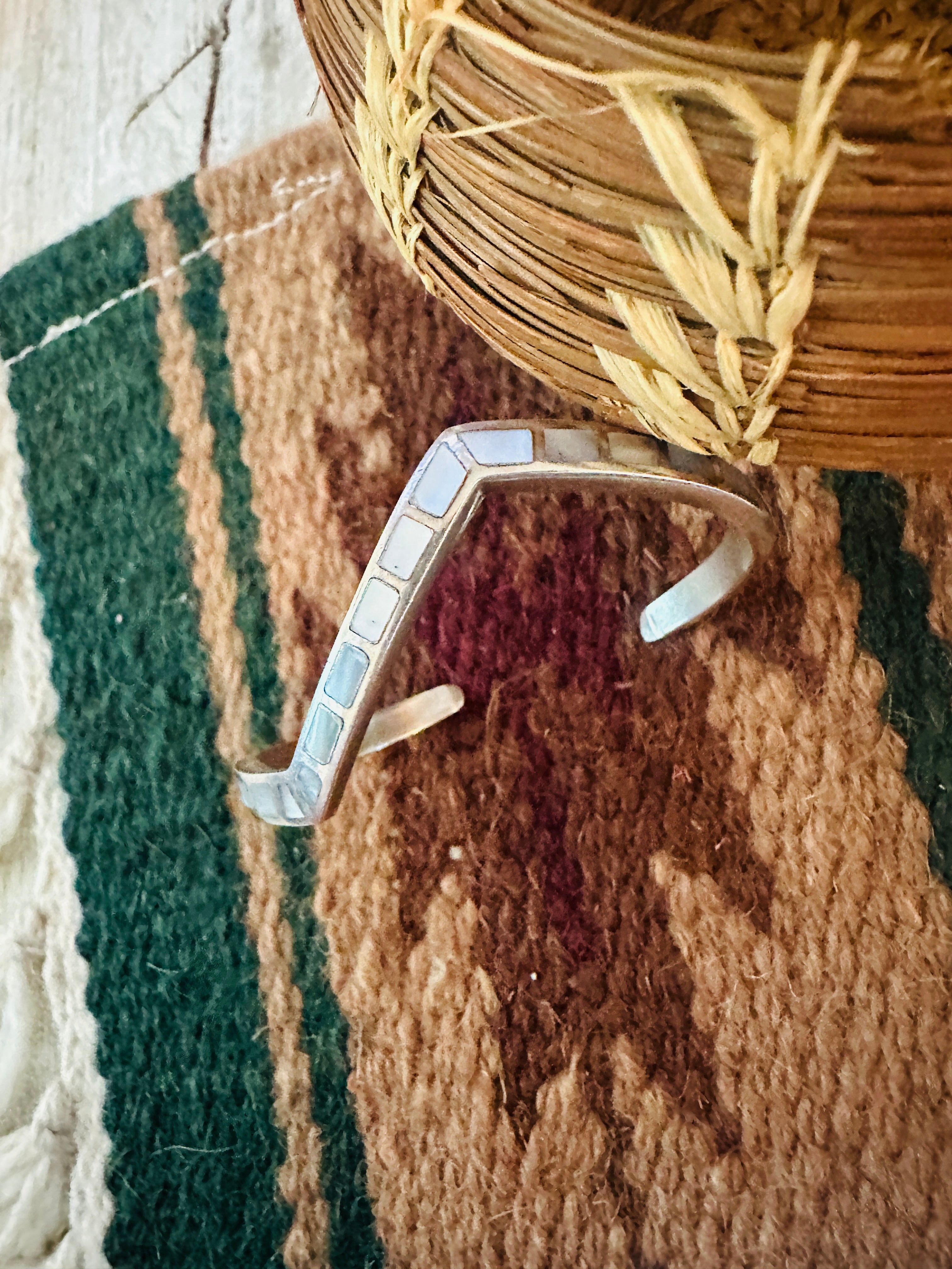 Handcrafted Old Pawn Mother of Pearl & Sterling Silver Inlay Cuff Bracelet /