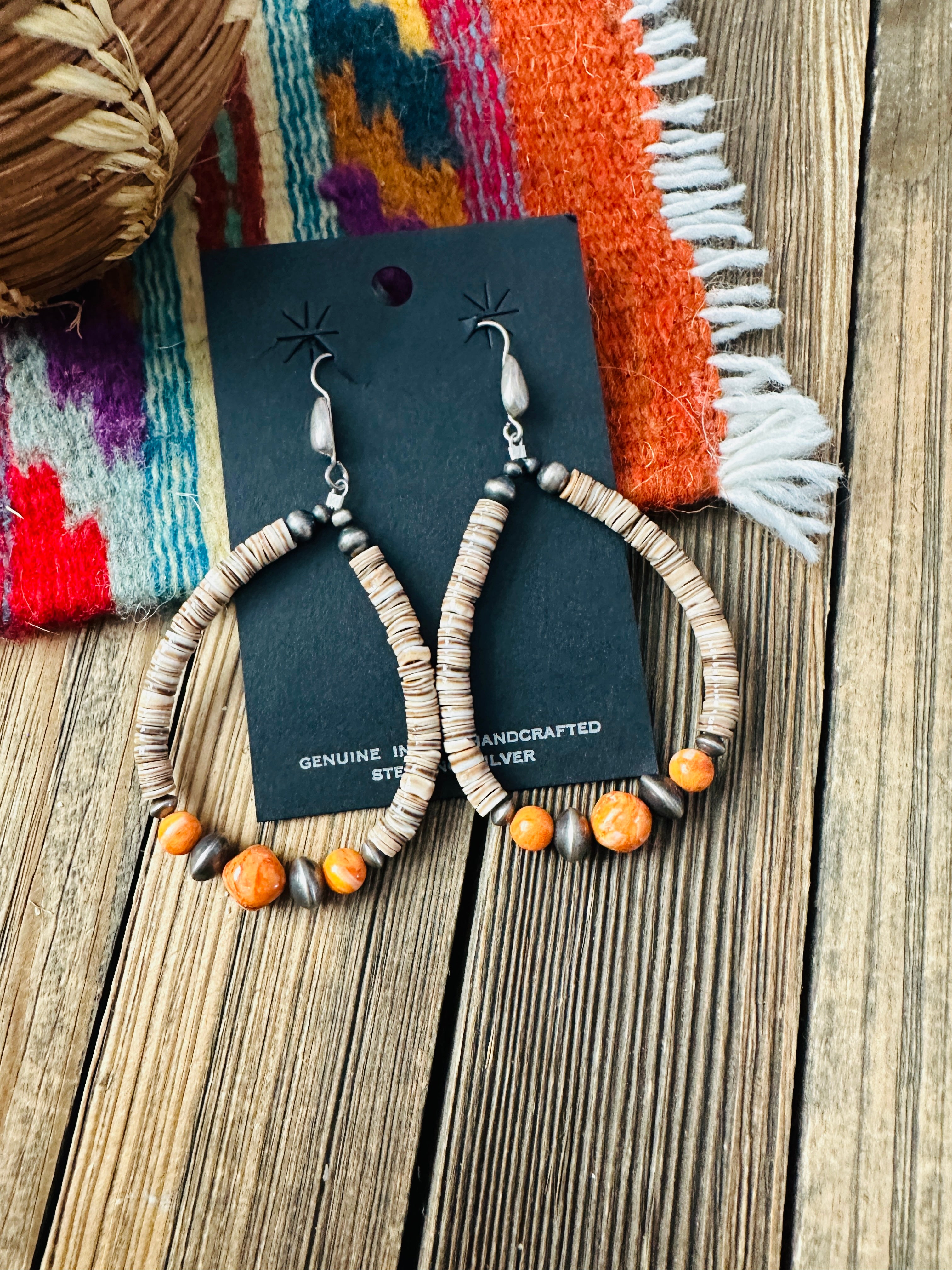 Handcrafted Heishi, Spiny Oyster & Sterling Silver Beaded Dangle Hoop Earrings