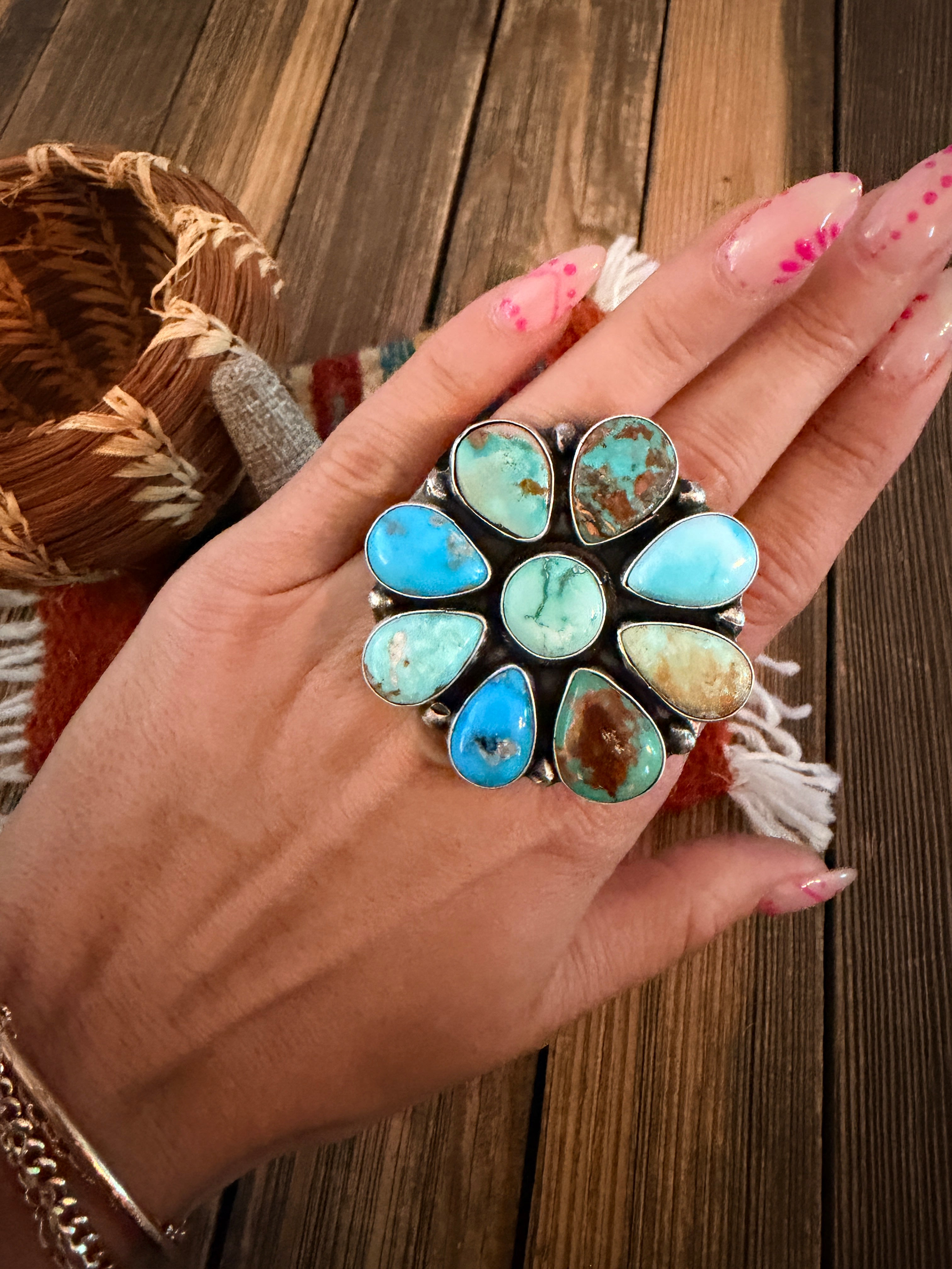 Handcrafted Multi Turquoise & Sterling Silver Cluster Adjustable Ring