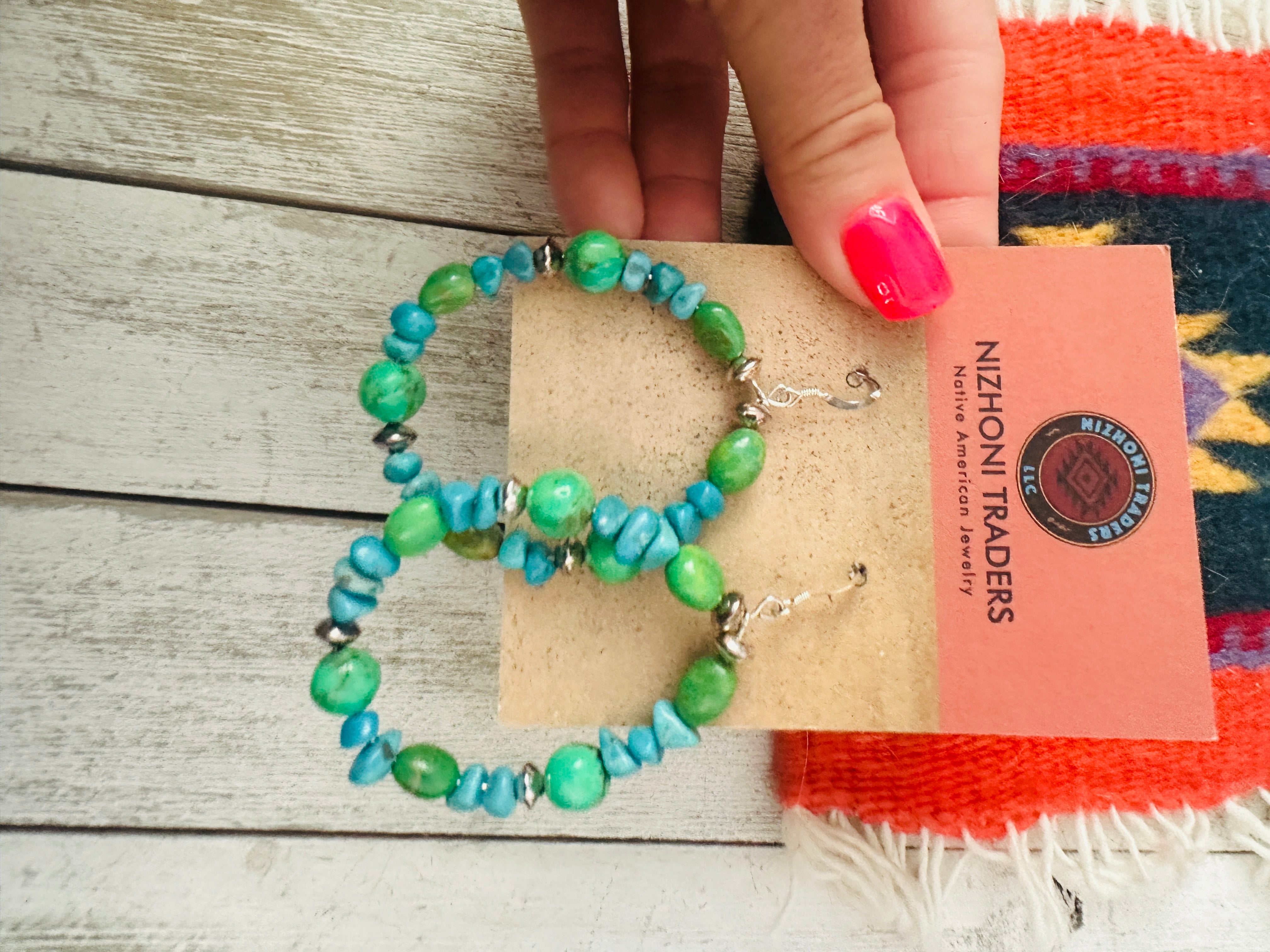 Handcrafted Kingman Turquoise & Sterling Silver Beaded Hoop Earrings