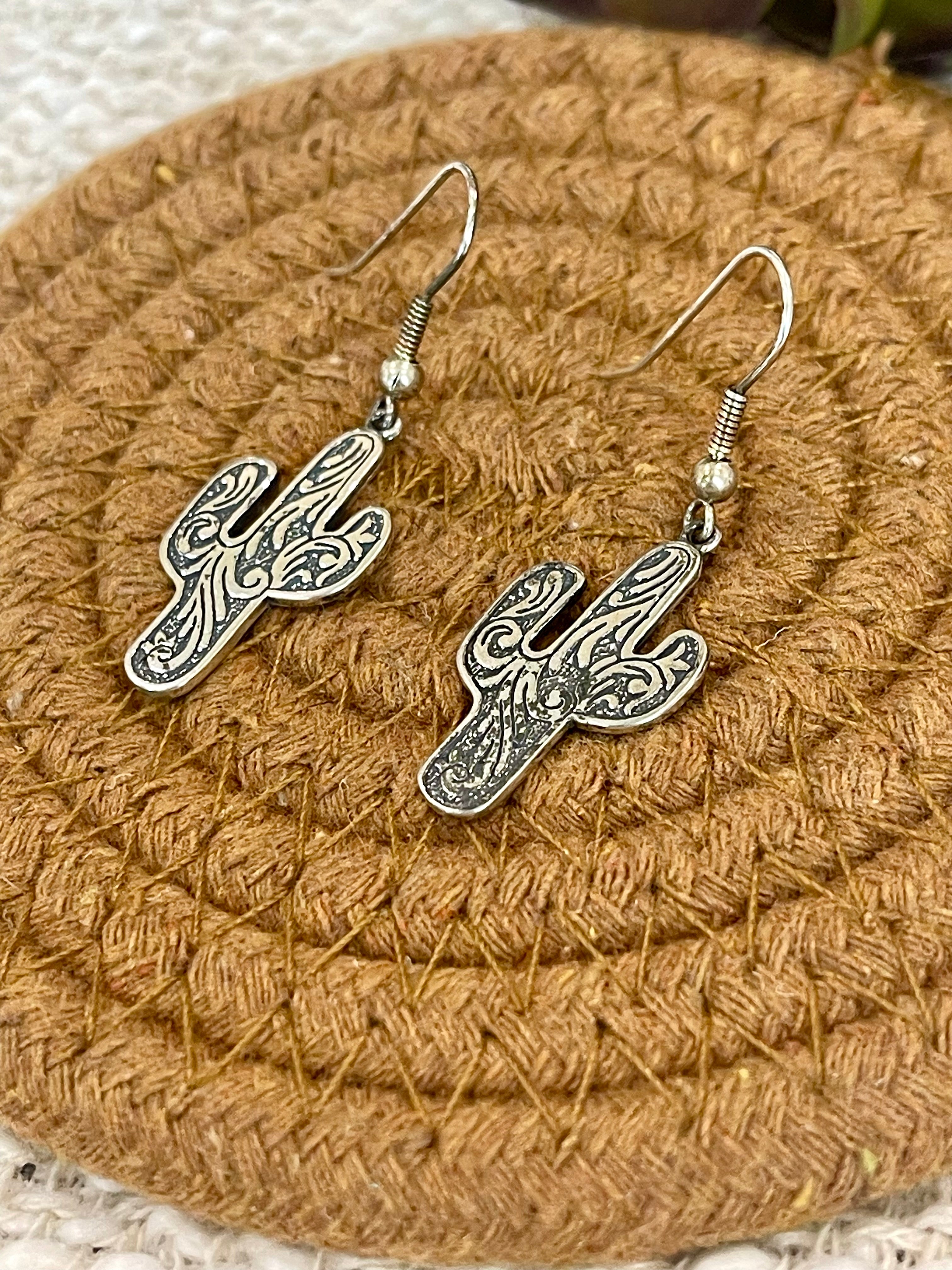 Old Pawn Handmade Sterling Silver Cactus Dangle Earrings