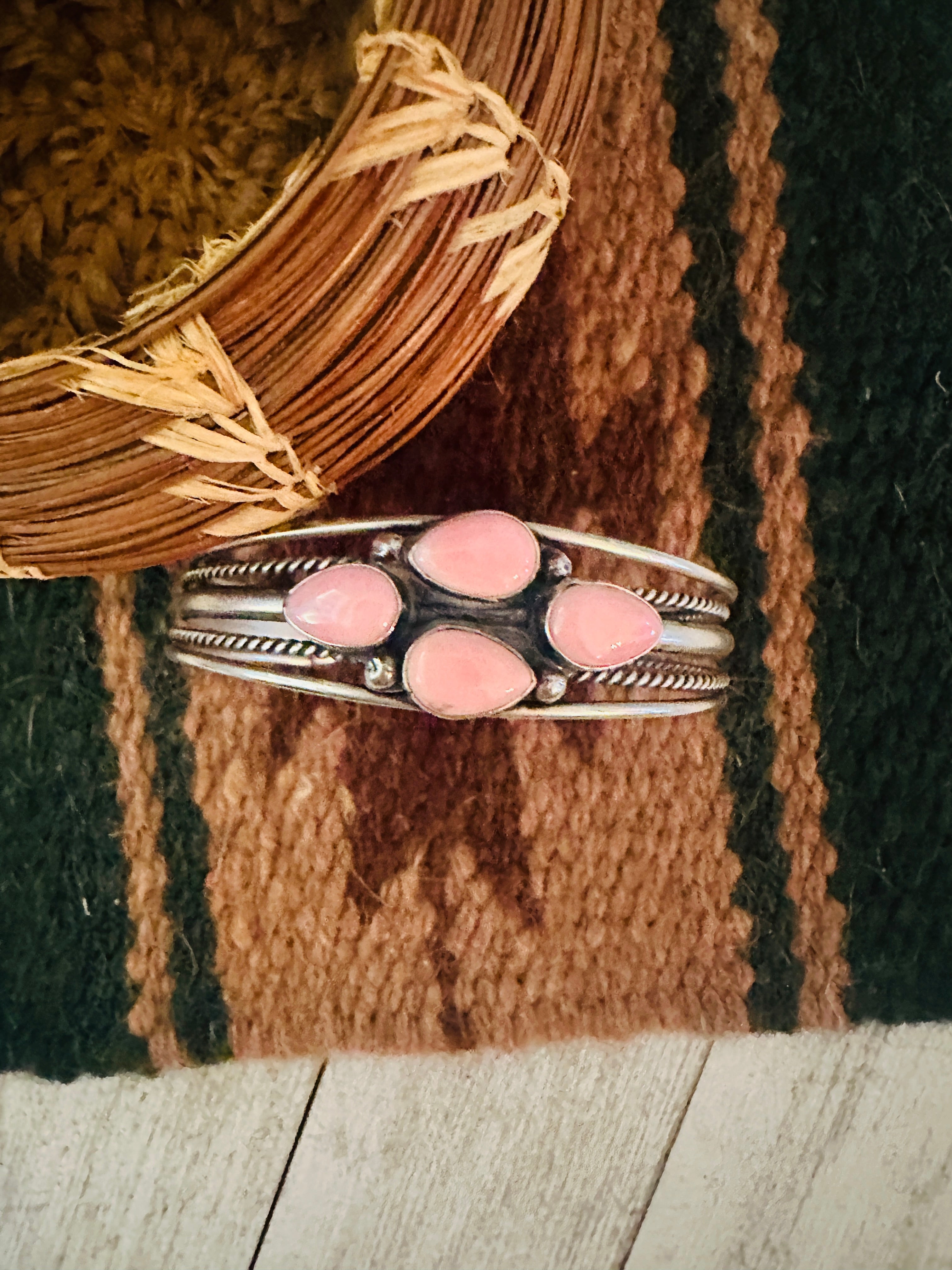 Handcrafted Queen Pink Conch Shell & Sterling Silver Cuff Bracelet