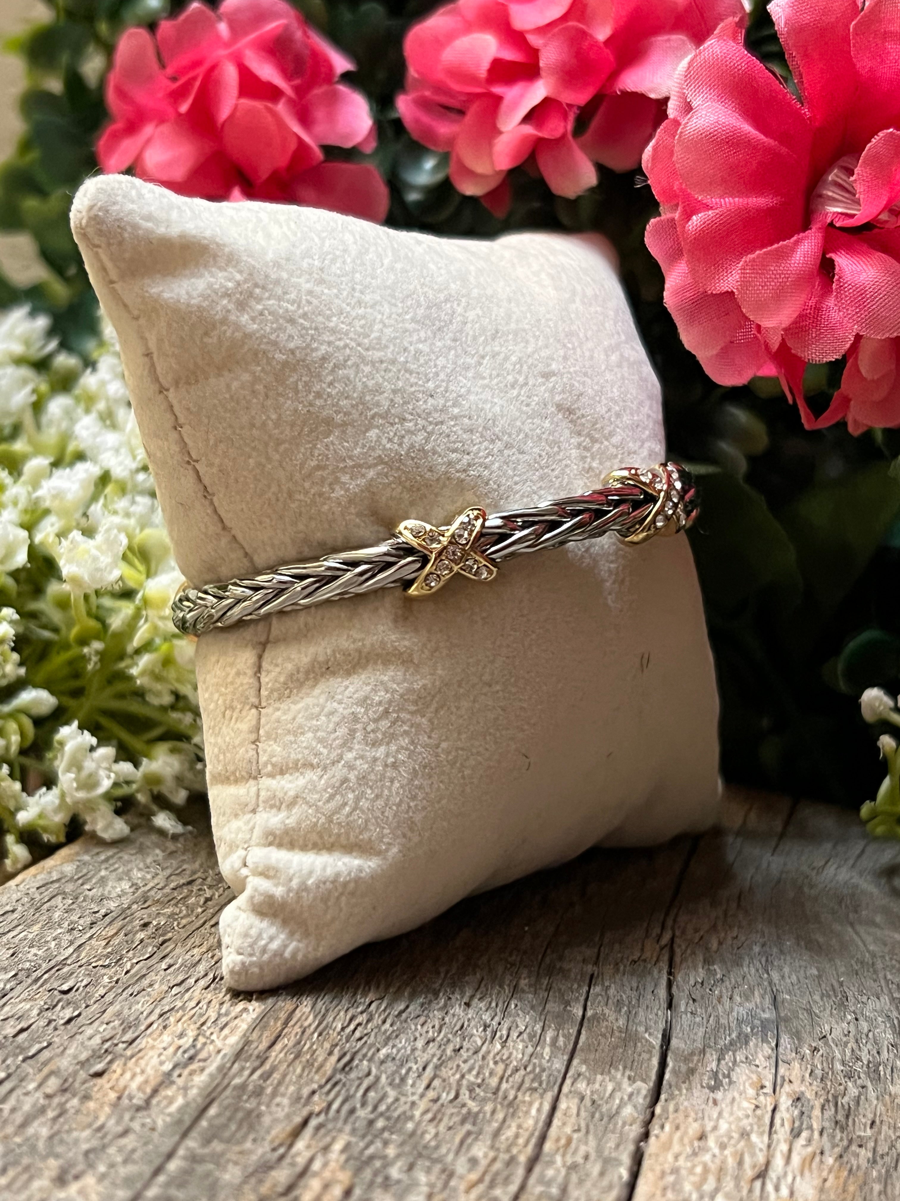 Silver & 14k Gold Plated Two Tone CZ Ponytail “X” Bangle Bracelet