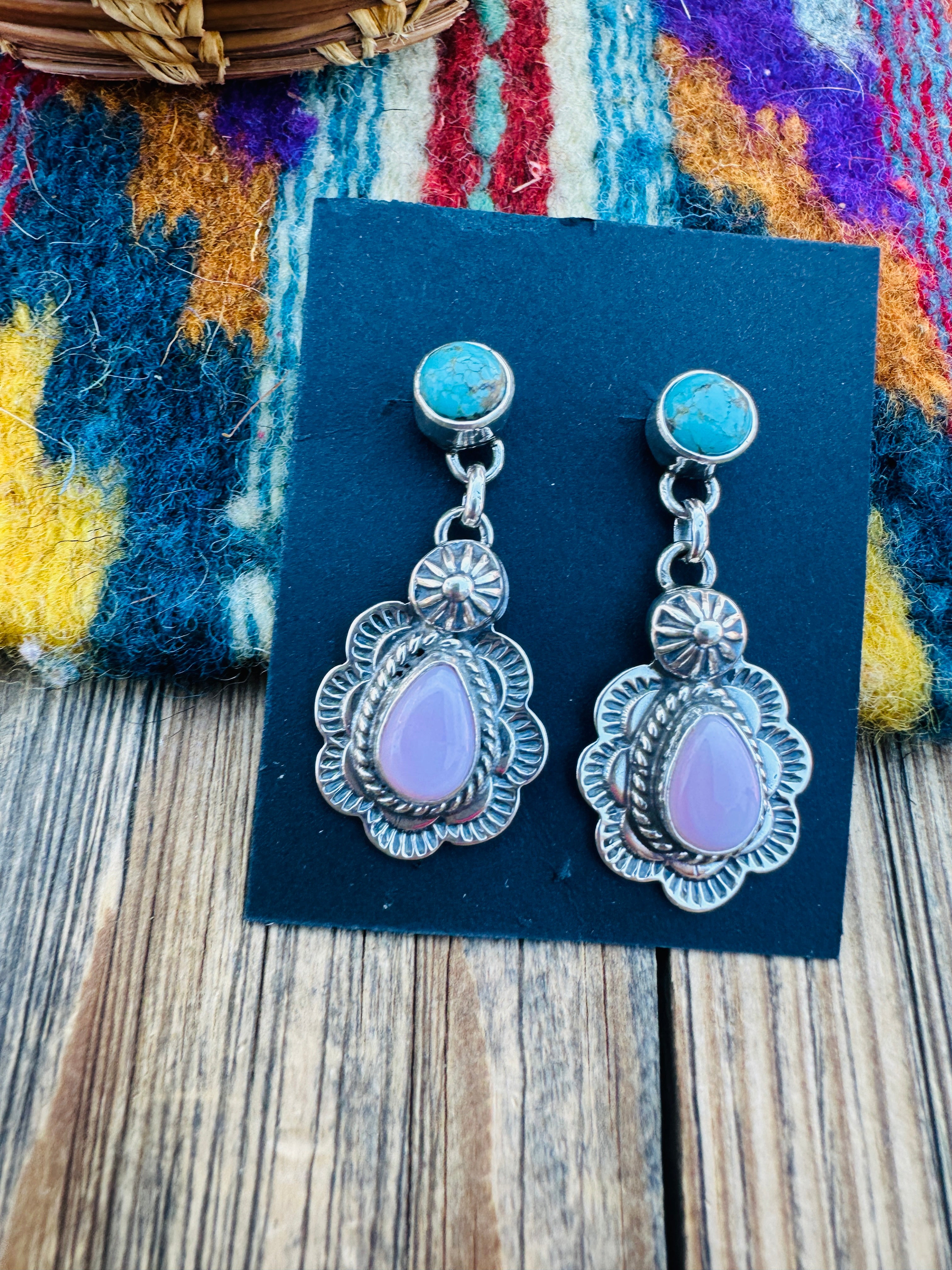 Handcrafted Sterling Silver, Turquoise & Queen Pink Conch Dangle Earrings