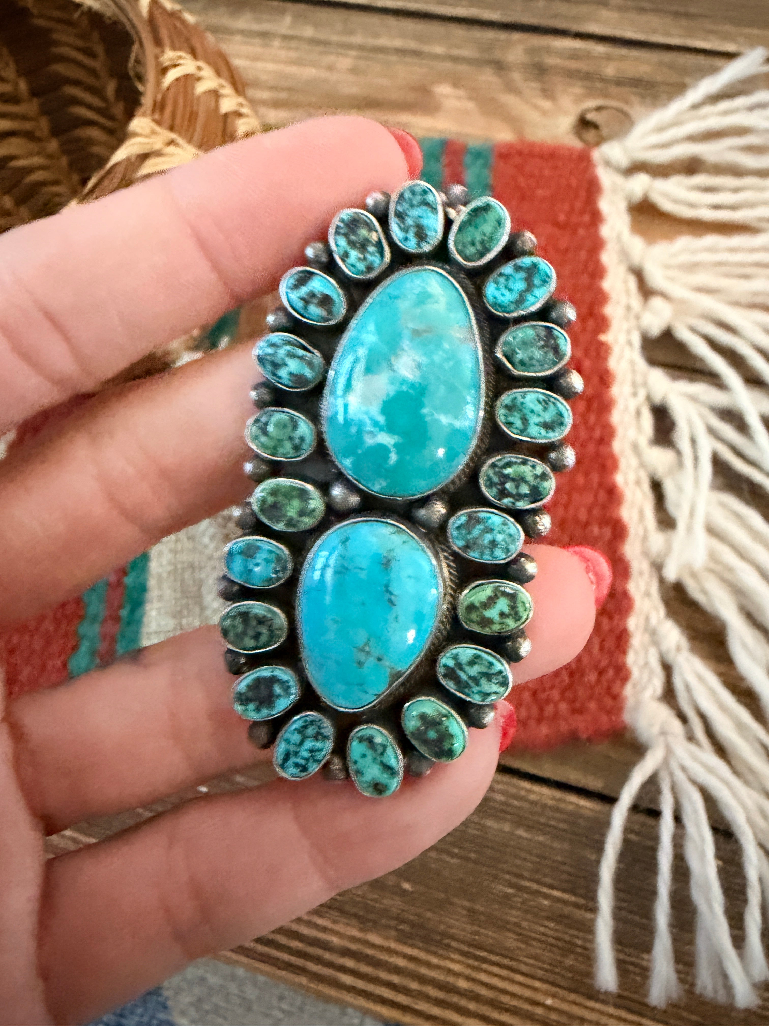 Handcrafted Turquoise & Sterling Silver Cluster Ring Size 4 by Blaine Yellowhorse