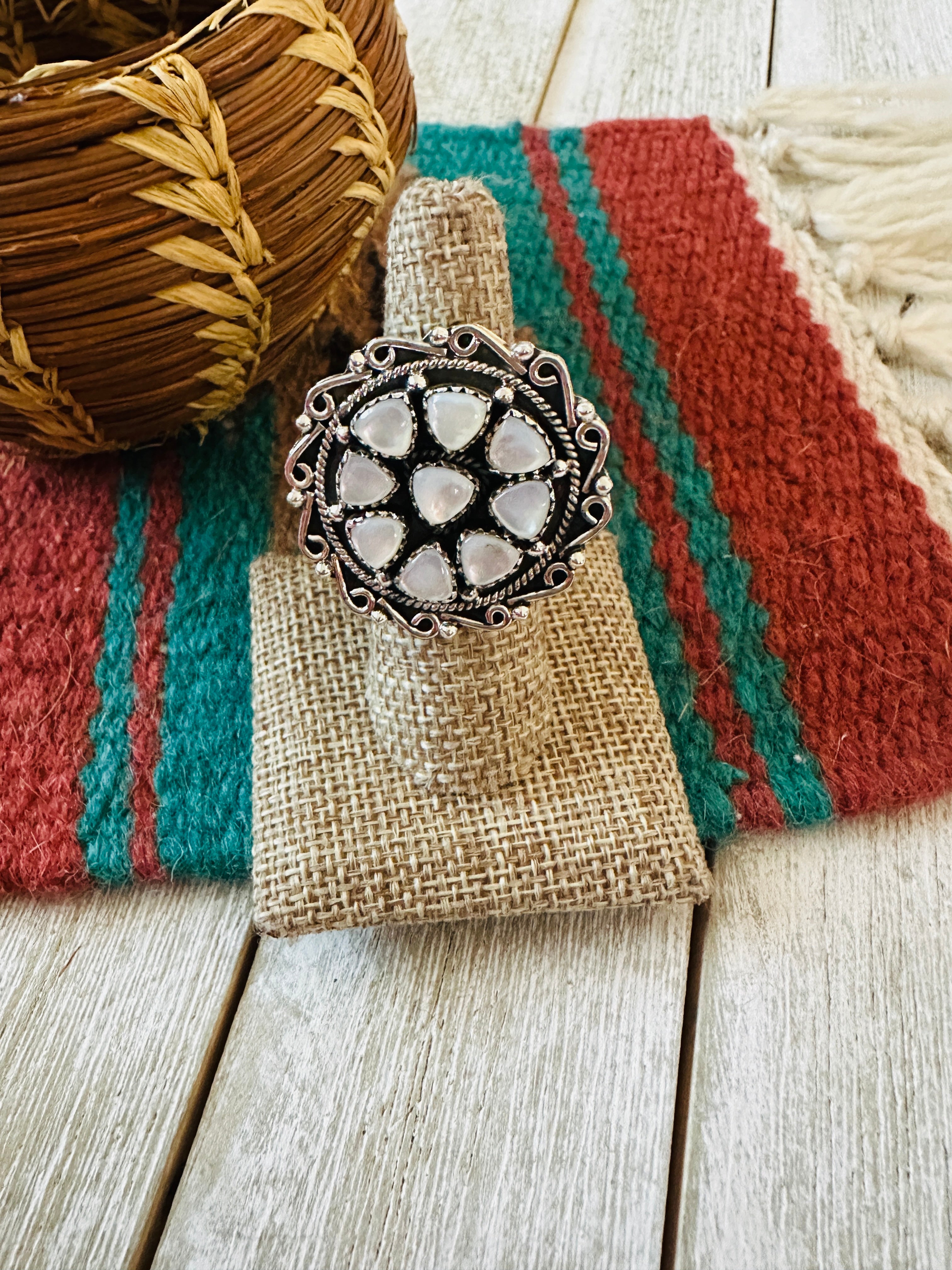 ** Christmas Collection ** Handmade Sterling Silver & Mother of Pearl Adjustable Ring Signed Nizhoni