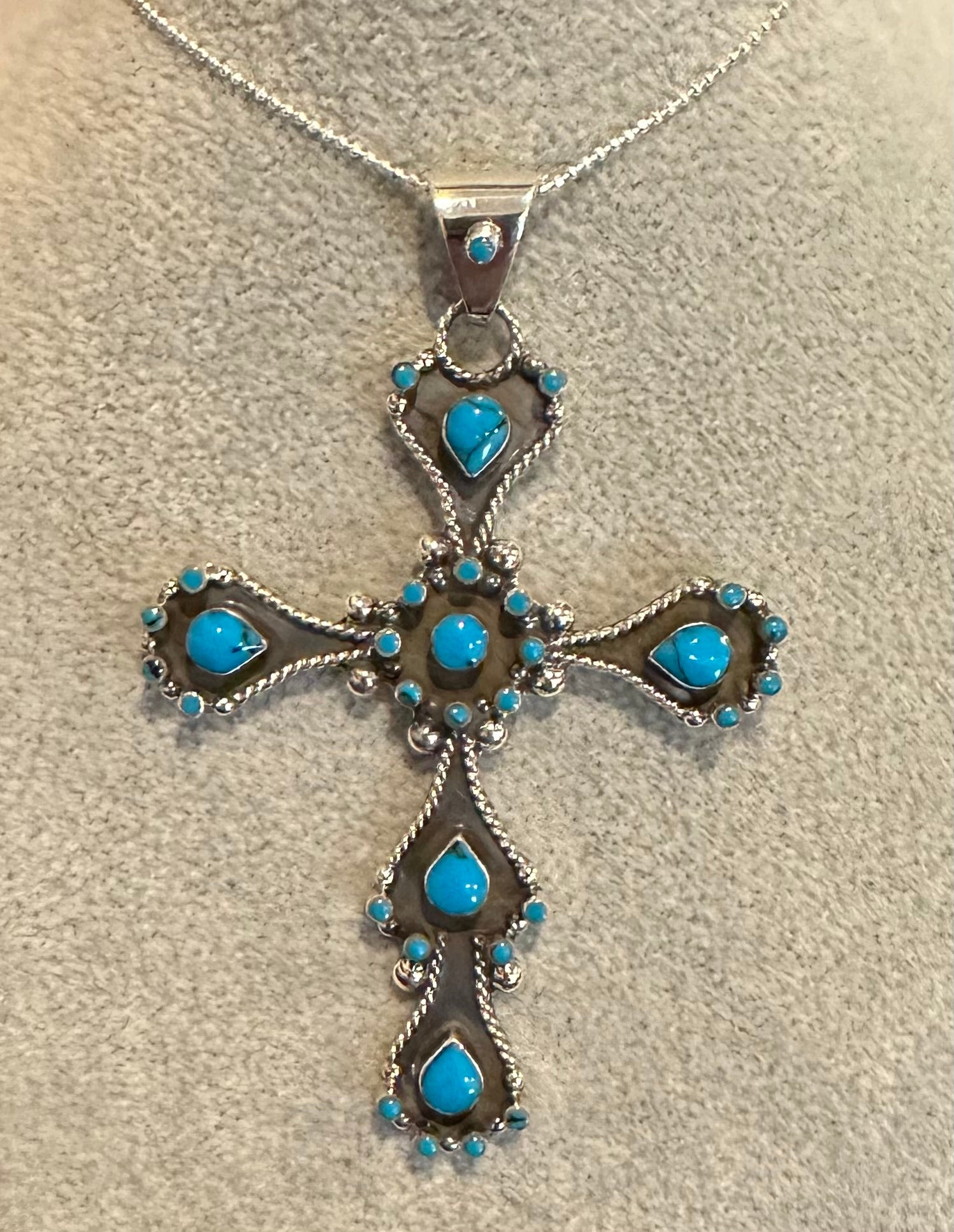 Oxidized Cross w/ dark turquoise Sterling Silver Necklace