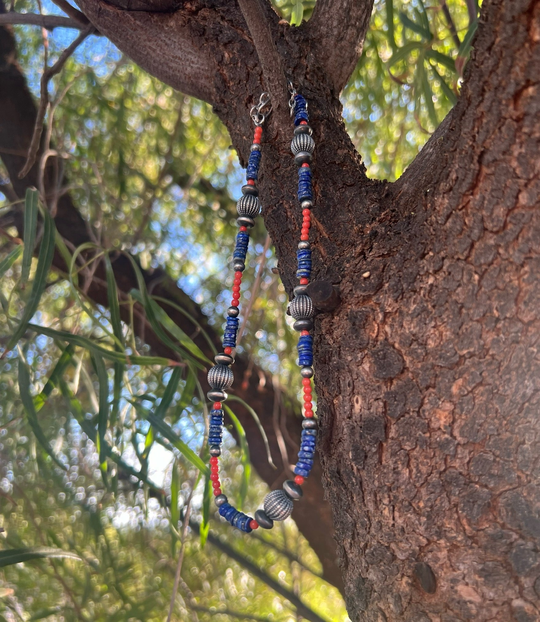 Handmade Coral & Lapis Beaded Sterling Silver Necklace