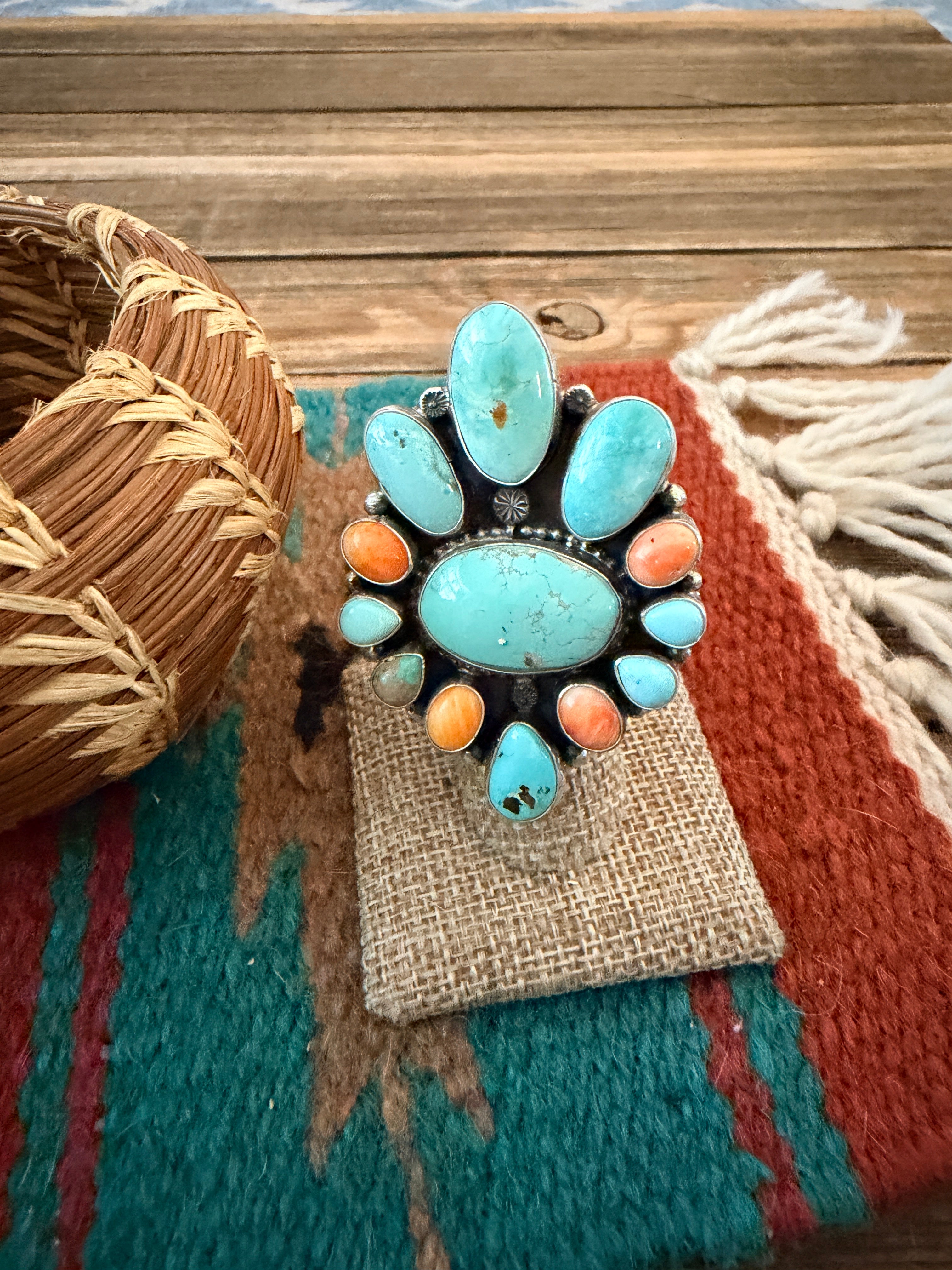 Handcrafted Spiny Oyster, Turquoise & Sterling Silver Cluster Ring by Sheila Becenti Size 6.5