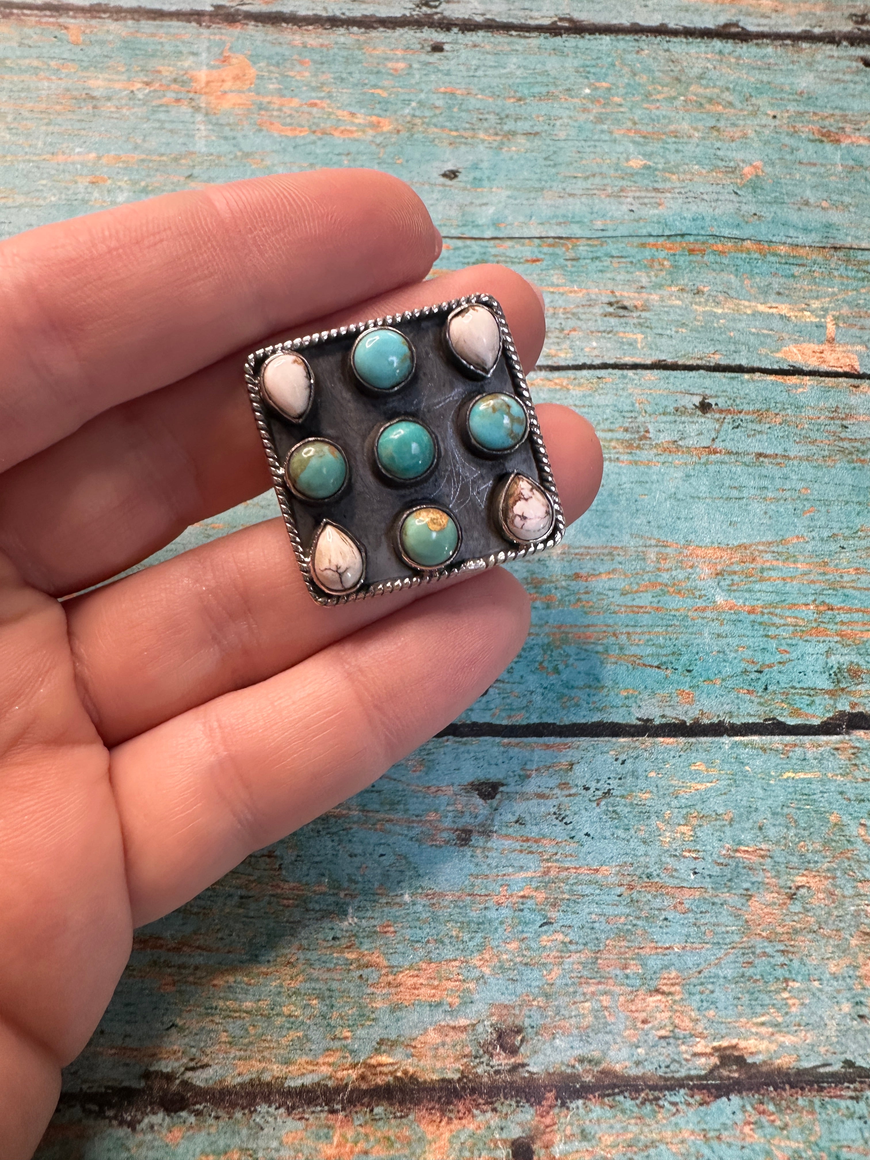 Beautiful Handmade White Buffalo, Turquoise And Sterling Silver Adjustable Ring