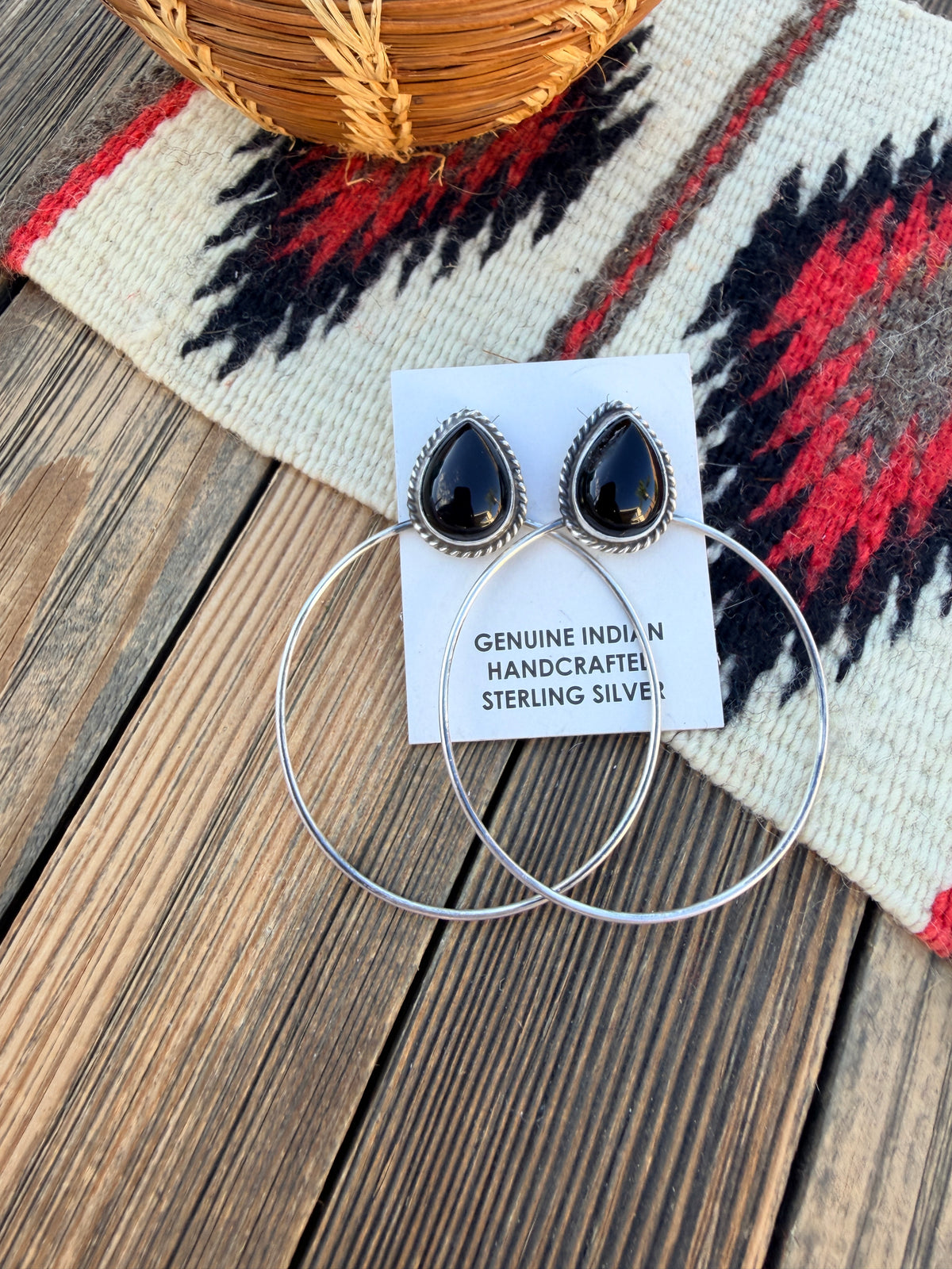 Handcrafted Onyx and Sterling Silver Dangle Hoop Earrings