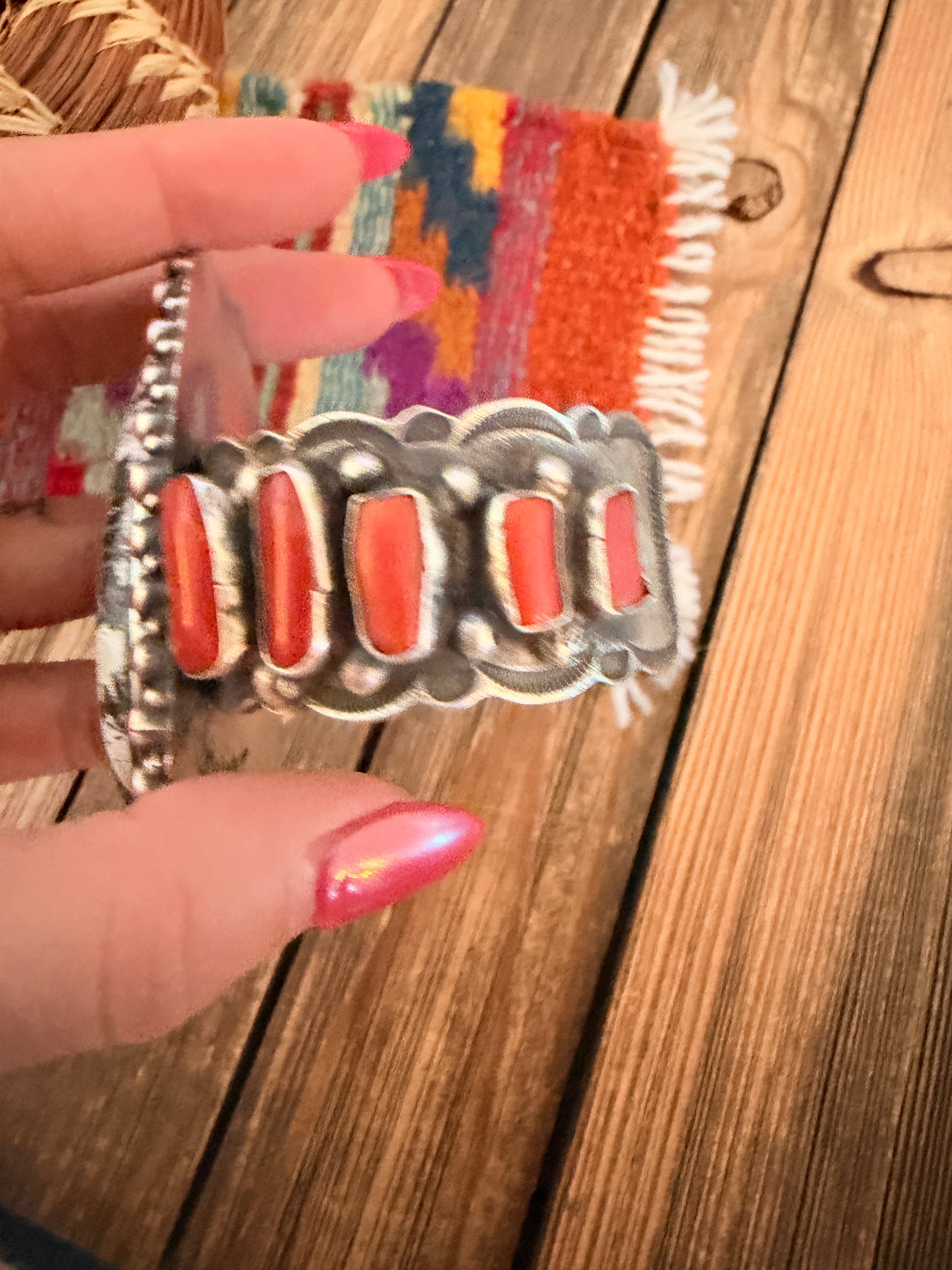Handcrafted Sterling Silver, White Buffalo & Coral Cuff Bracelet by Shawn Cayatineto