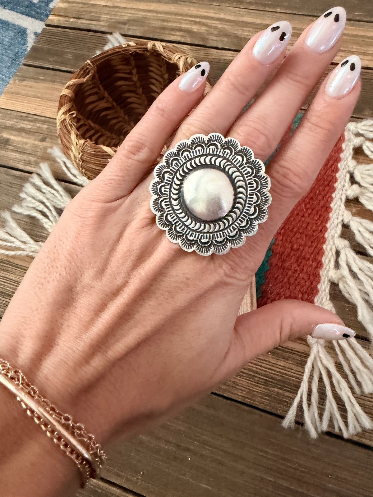 Handcrafted Sterling Silver Adjustable Concho Ring by Leander Tahe
