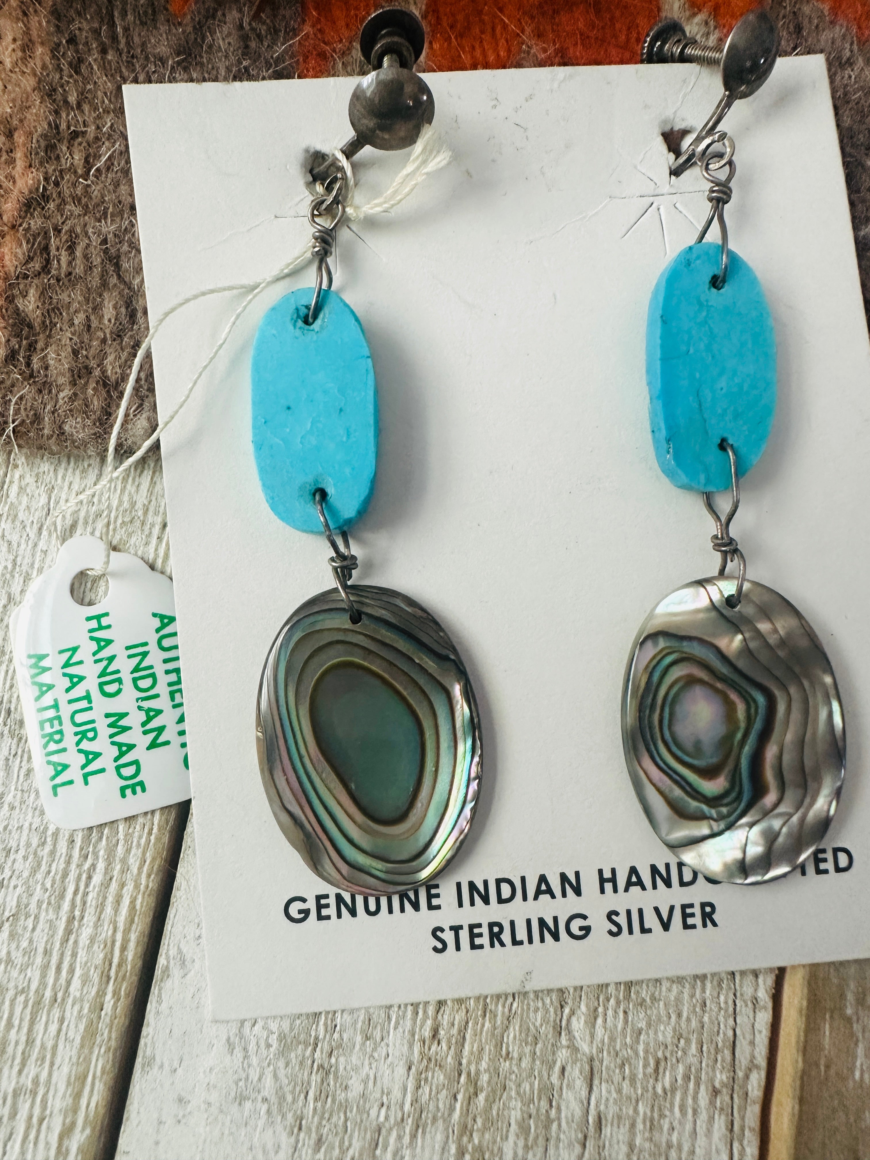 Handcrafted Old Pawn Turquoise & Abalone Dangle Earrings
