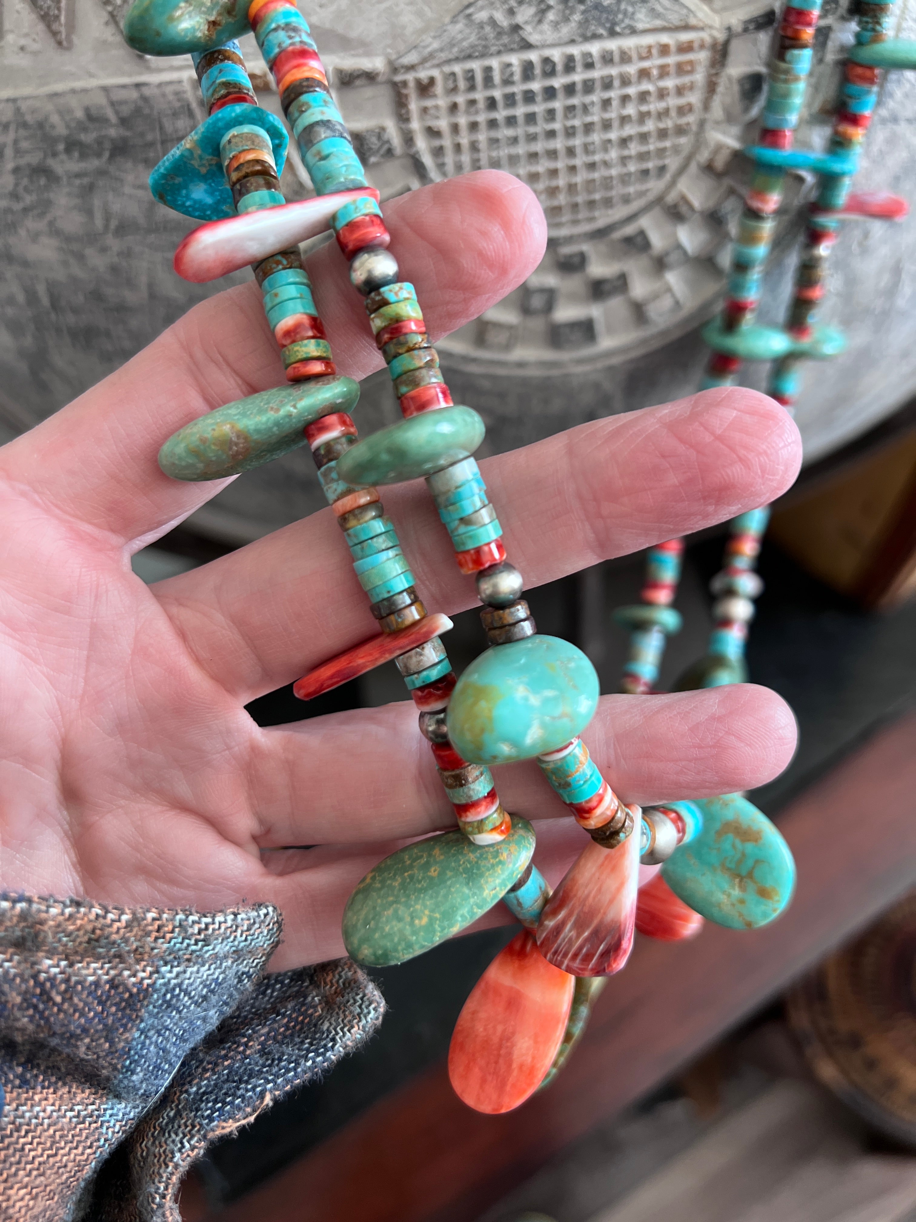 Stunning Handcrafted Double Strand Sterling Silver, Turquoise and Spiny Oyster Beaded Tab Necklace by Daniel Coriz