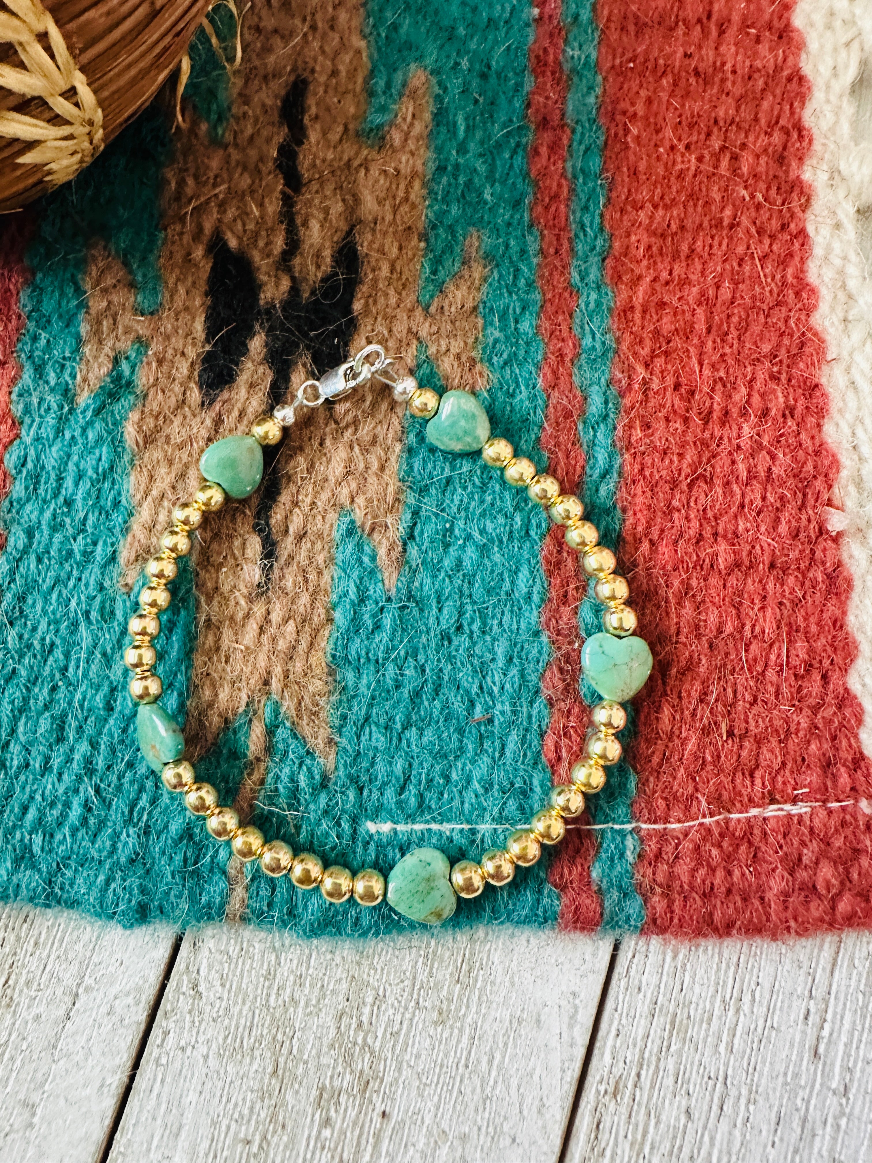 Handcrafted Gold Plated Sterling Silver Pearl & Turquoise Beaded Bracelet