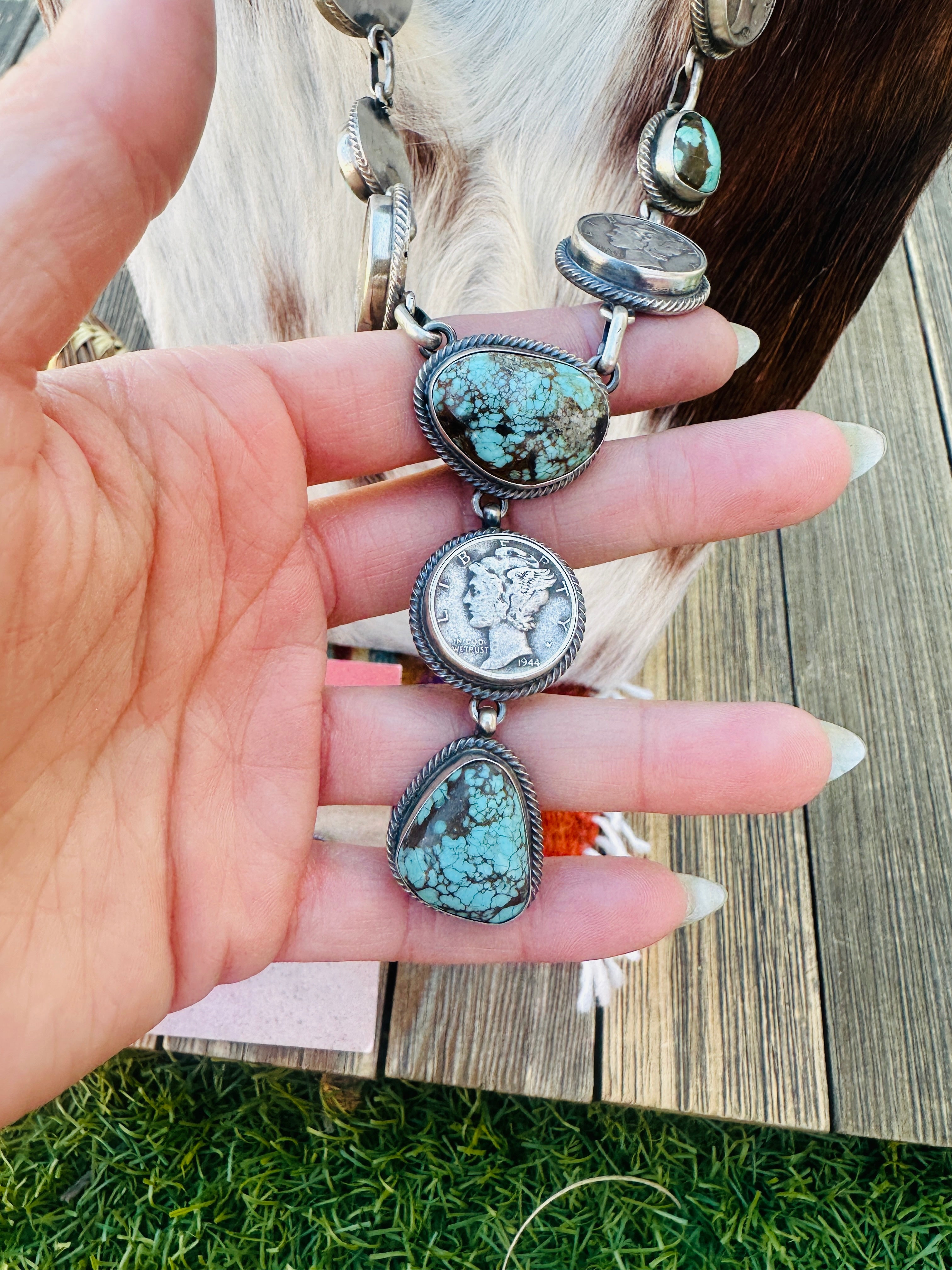 Handcrafted Turquoise & Sterling Silver Liberty Dime Necklace and Earrings Set