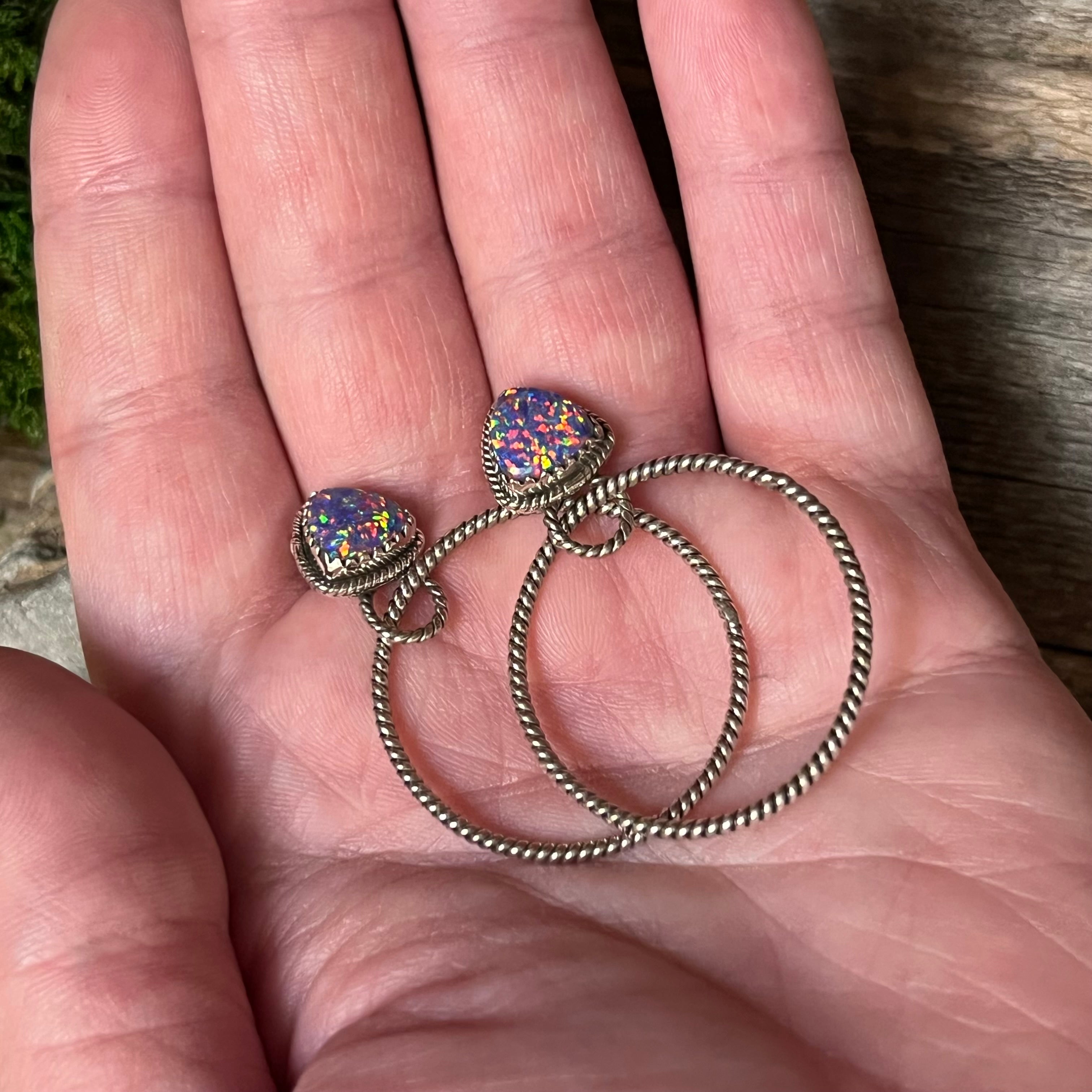 Handmade Blue & Pink Speckled Opal Sterling Silver Hoop Earrings