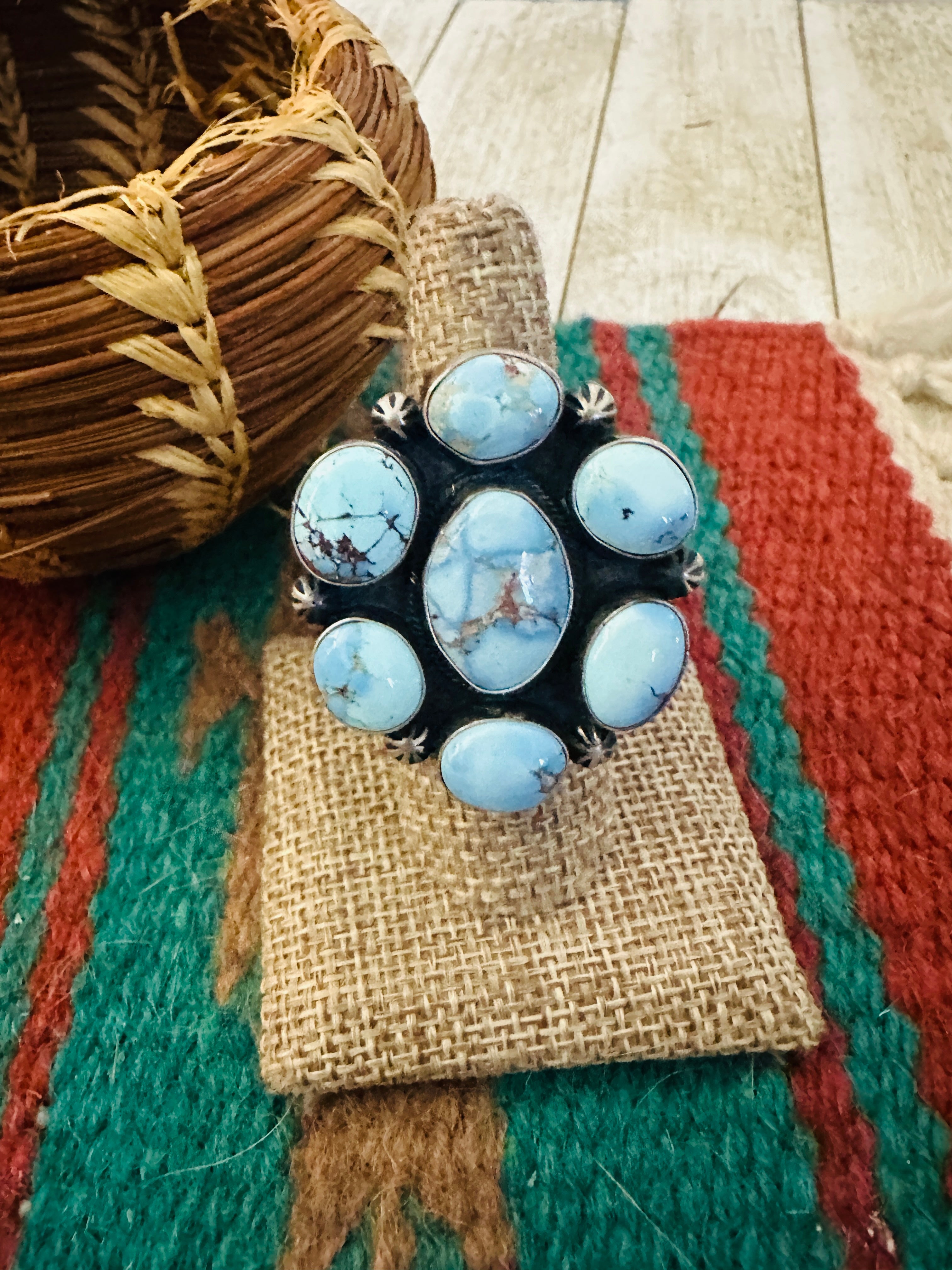 Handcrafted Golden Hills Turquoise & Sterling Silver Ring Size 7.5 by Paul Livingston