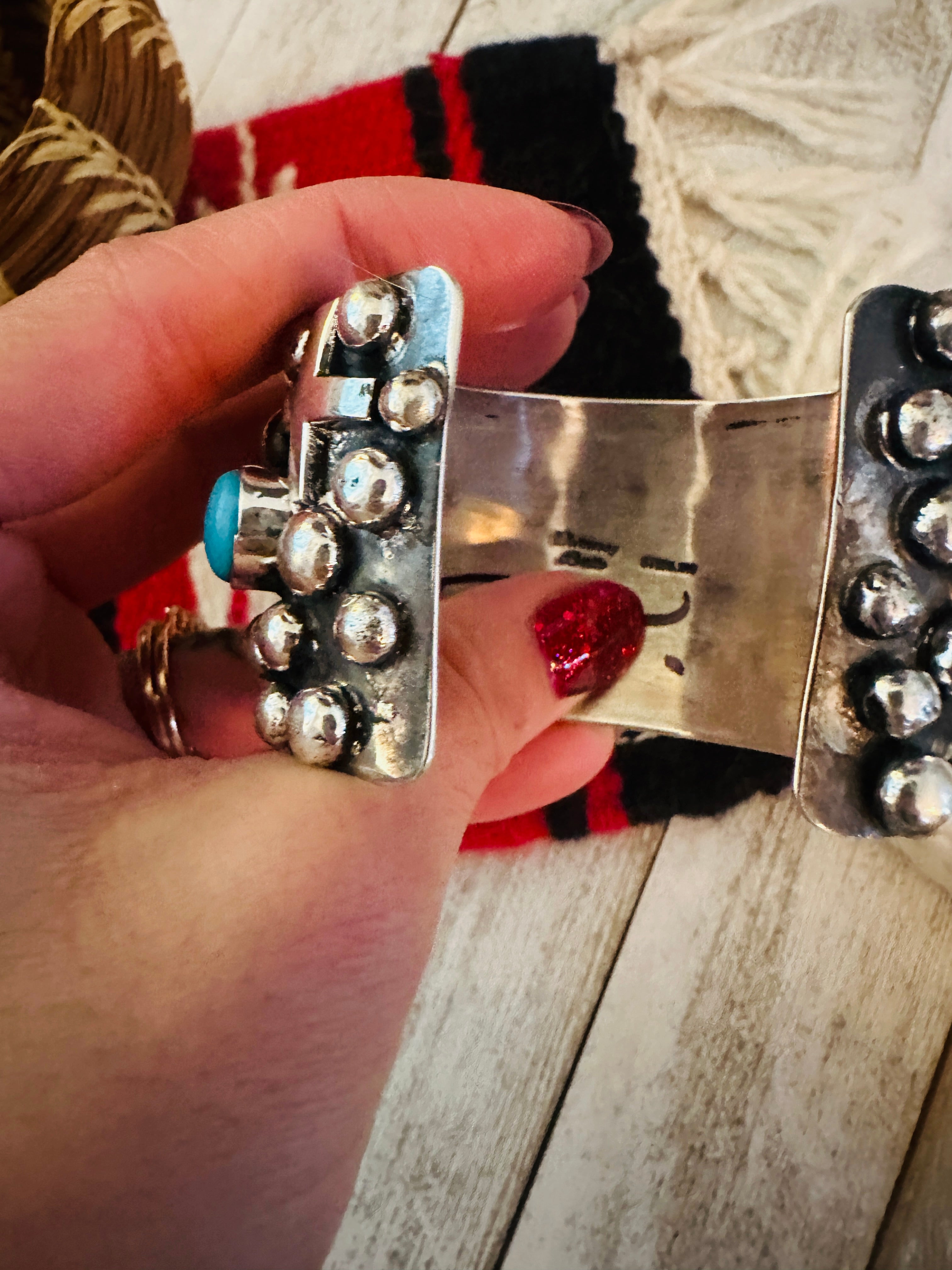 Navajo Turquoise & Sterling Silver Cross Cuff Bracelet By Chimney Butte /