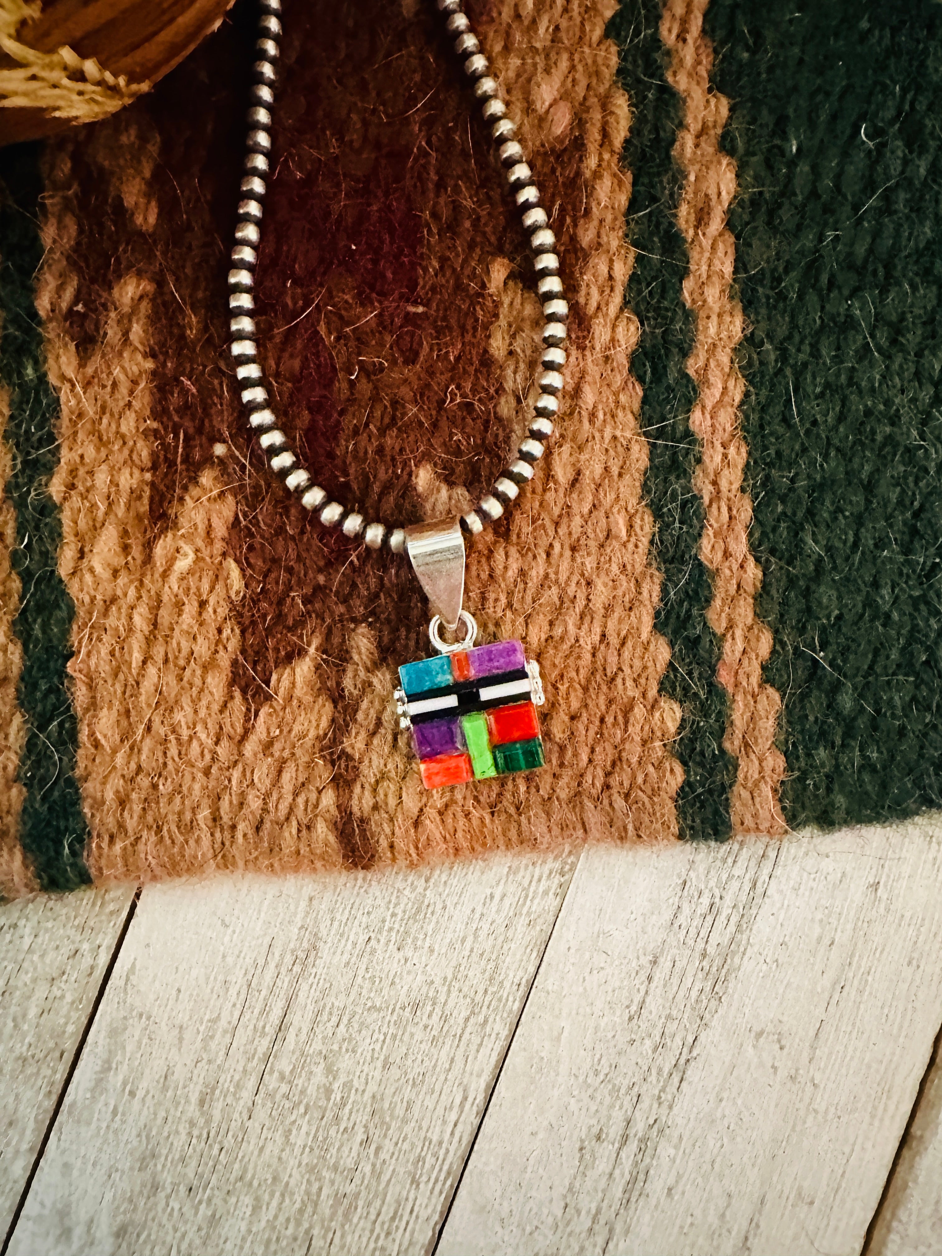 Handcrafted Multi Stone & Sterling Silver Inlay Double Sided Pendant