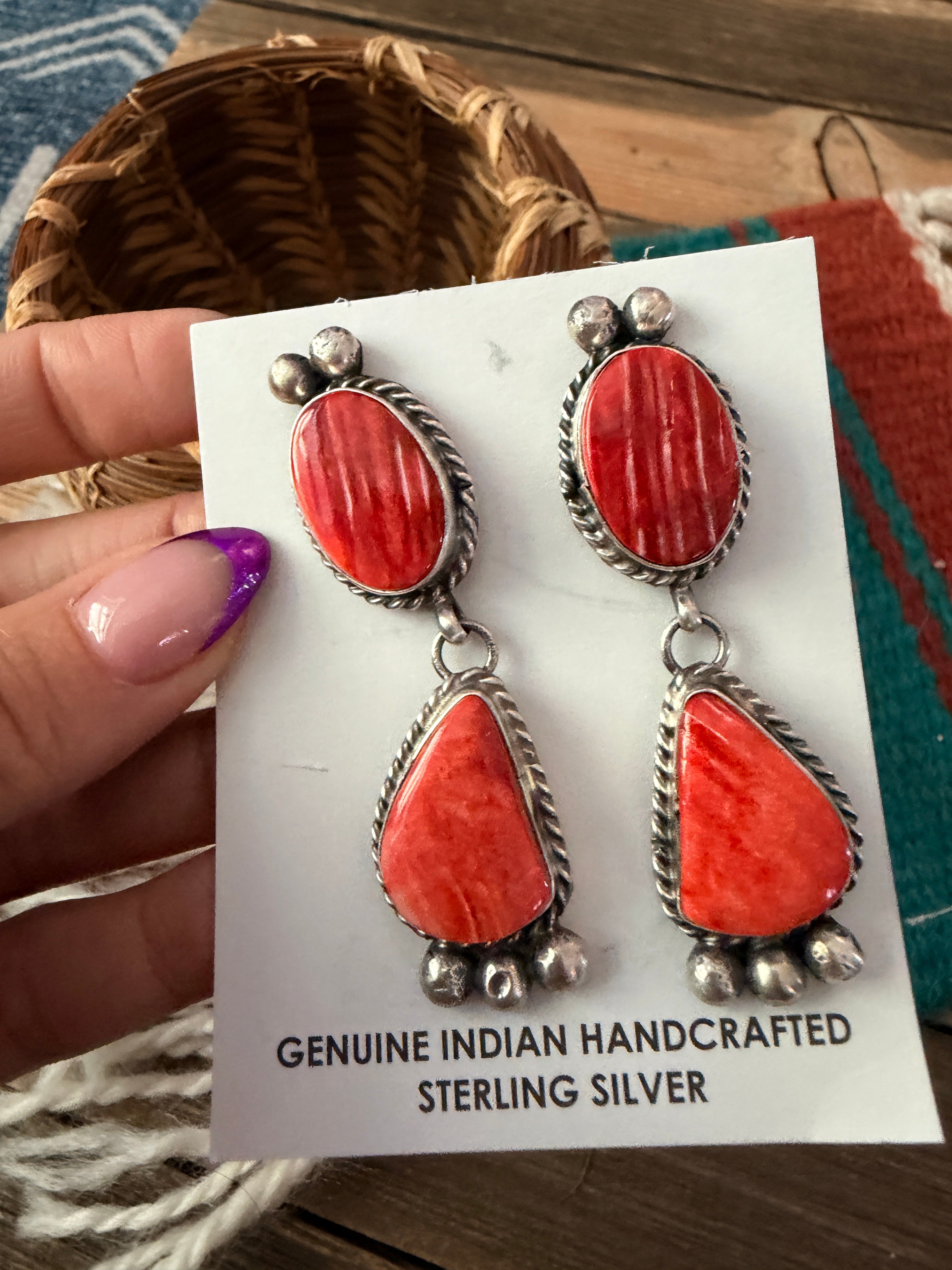 Handcrafted Red Spiny and Sterling Silver Dangle Earrings by Vicky Hicks