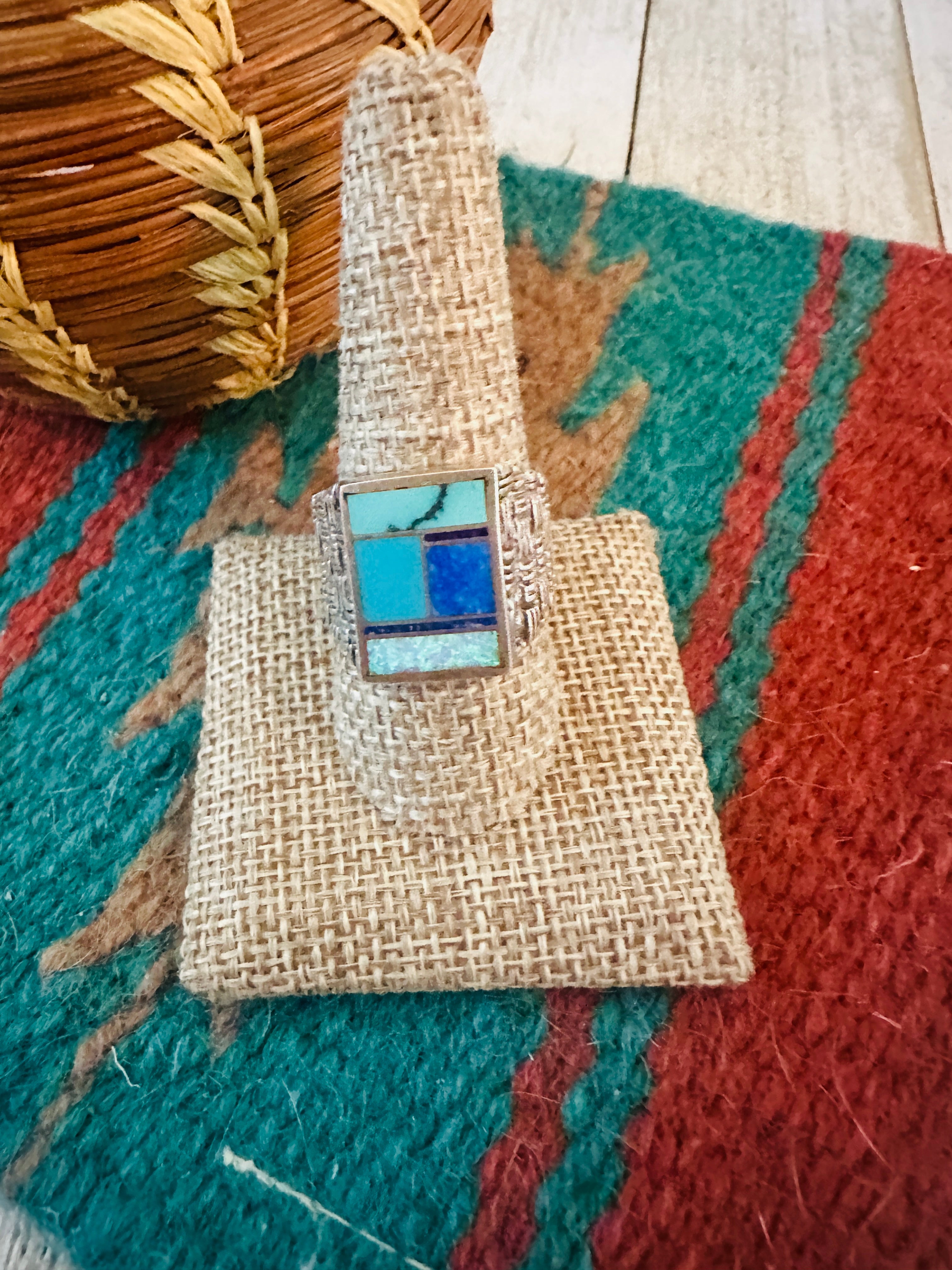 Handcrafted Old Pawn Sterling Silver & Multi Stone Inlay Ring Size 10