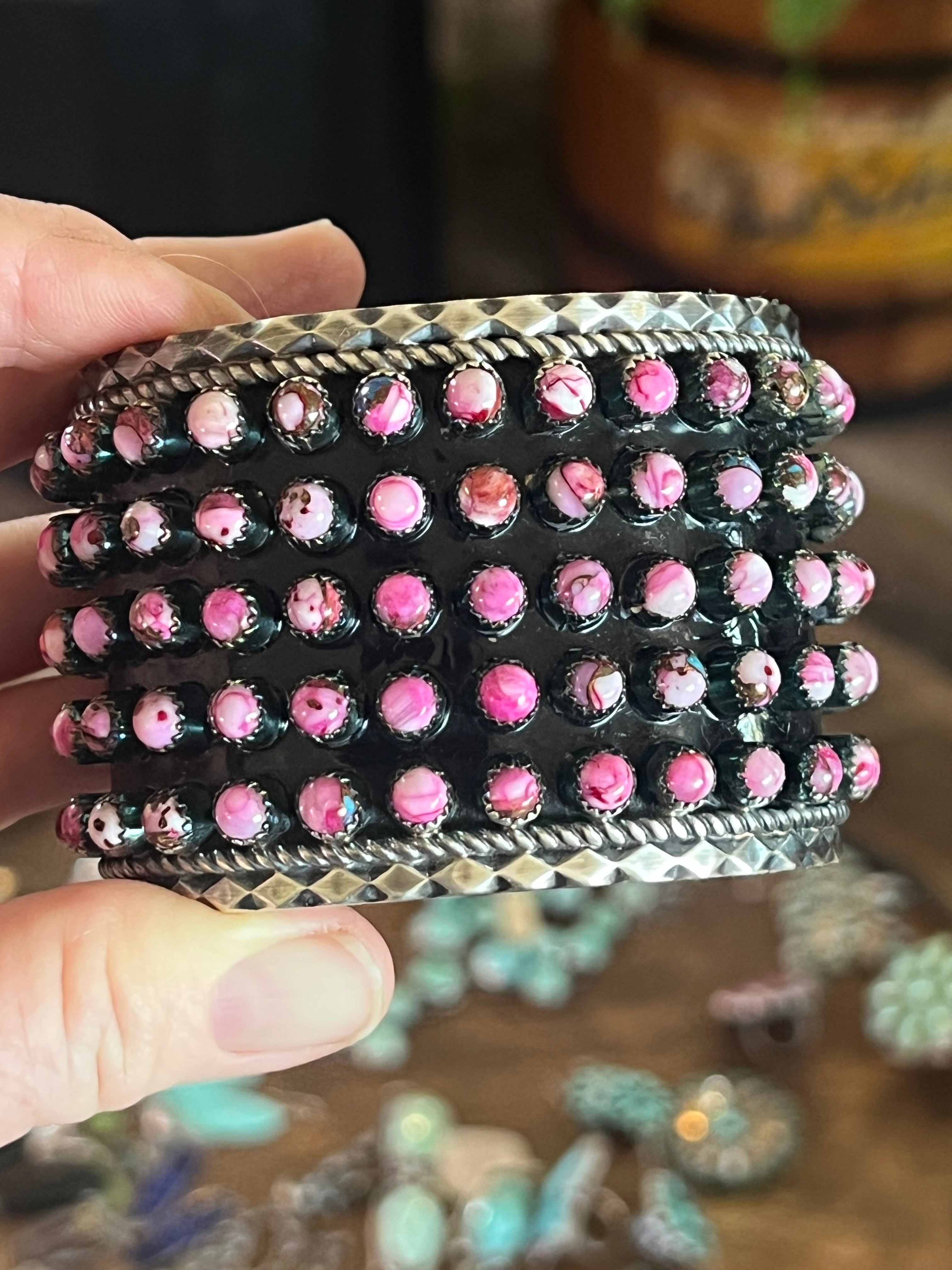 Handcrafted Sterling Silver and Pink Dream Mohave Snake Eye Style Five Row Cuff Bracelet, Signed BJ /