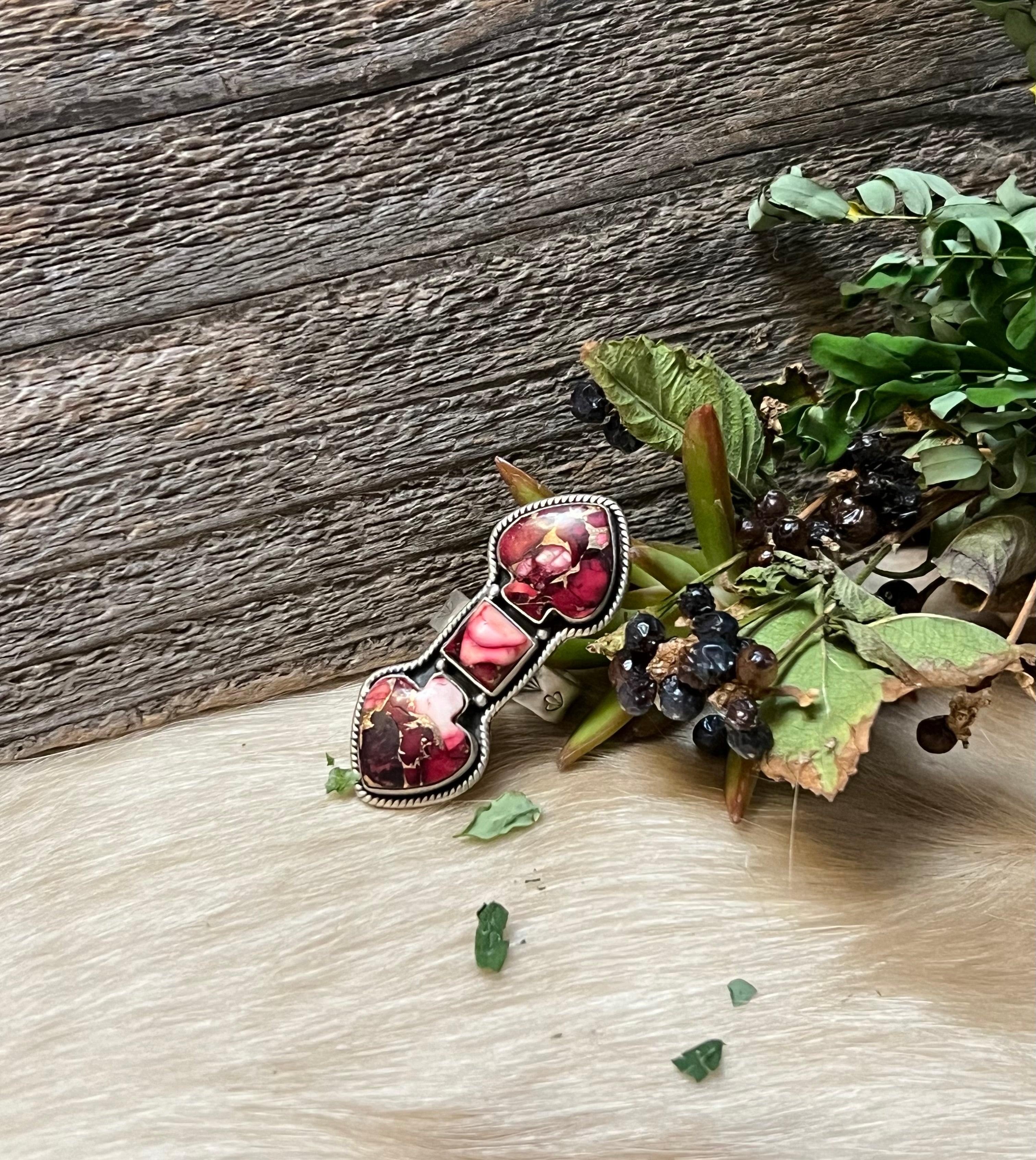 Handmade Rose Dahlia 3 Stone & Sterling Silver Adjustable Ring