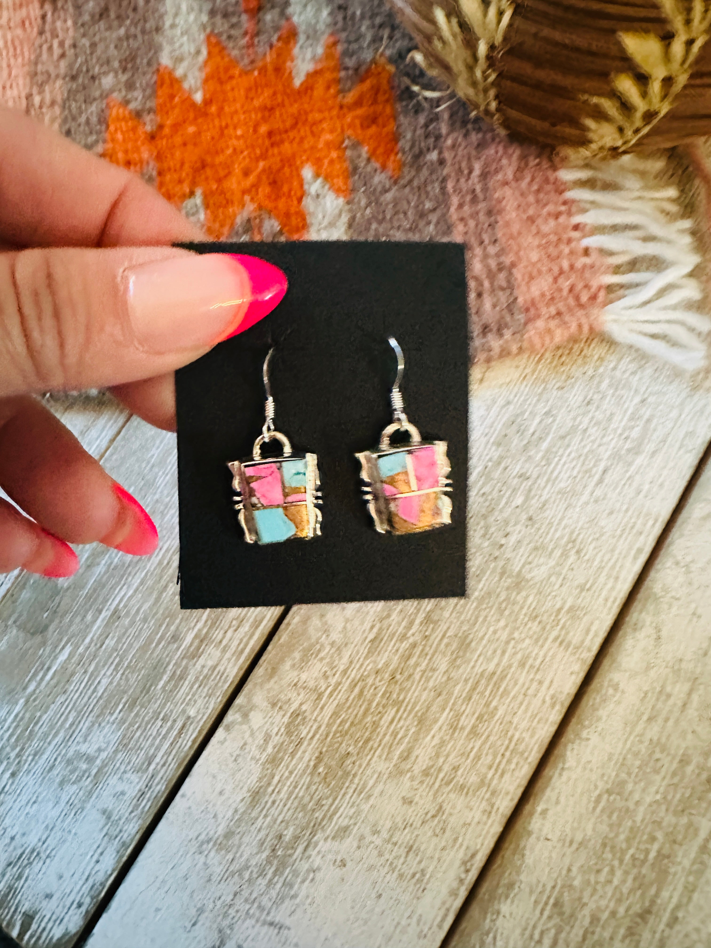 Handcrafted Cotton Candy and Sterling Silver Inlay Dangle Earrings