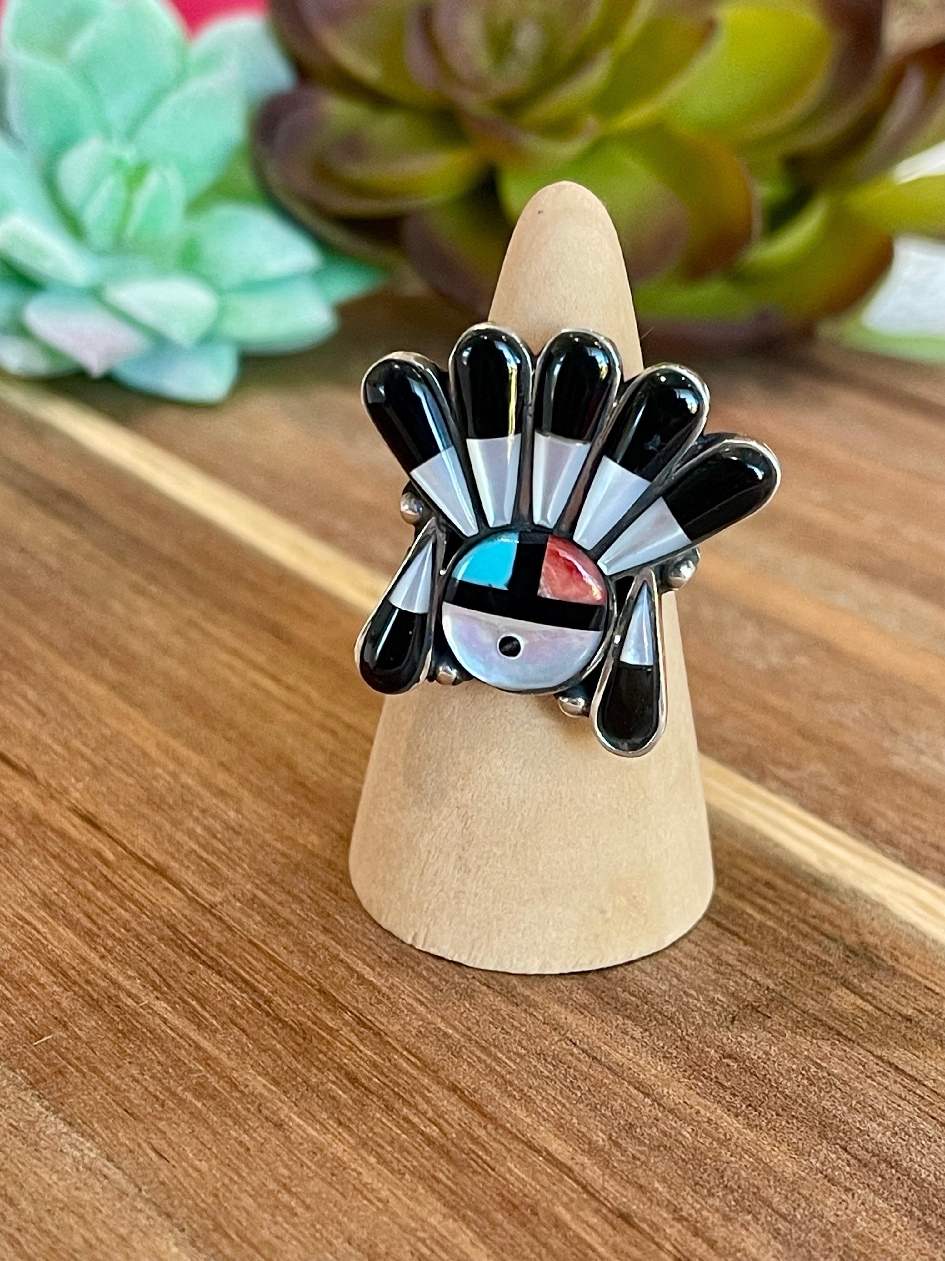 Handmade Multi Stone Southwestern Sunface And Sterling Silver Adjustable Ring