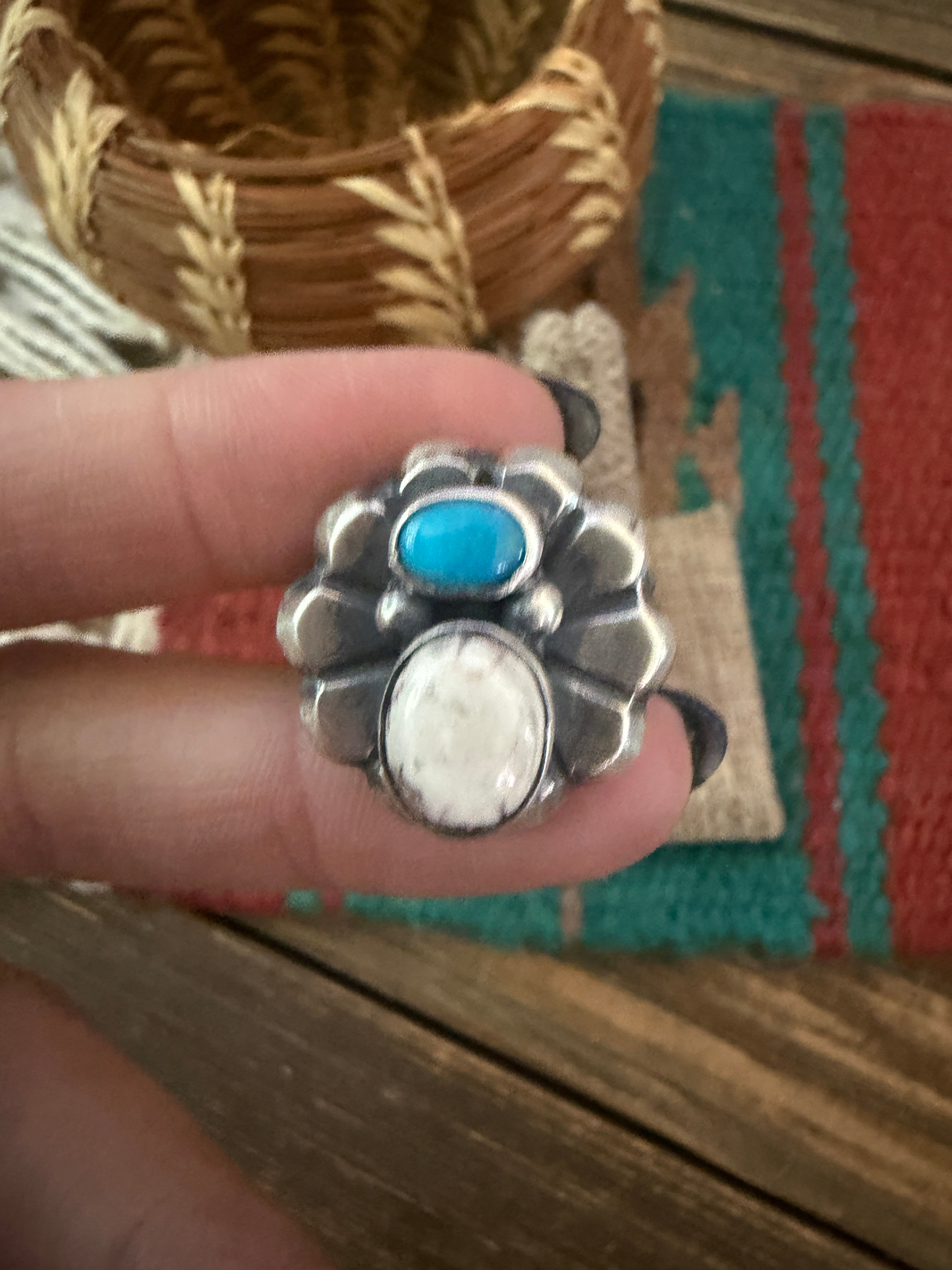 Handcrafted White Buffalo, Turquoise and Sterling Silver Flower Ring size 6.25 by Chimney Butte