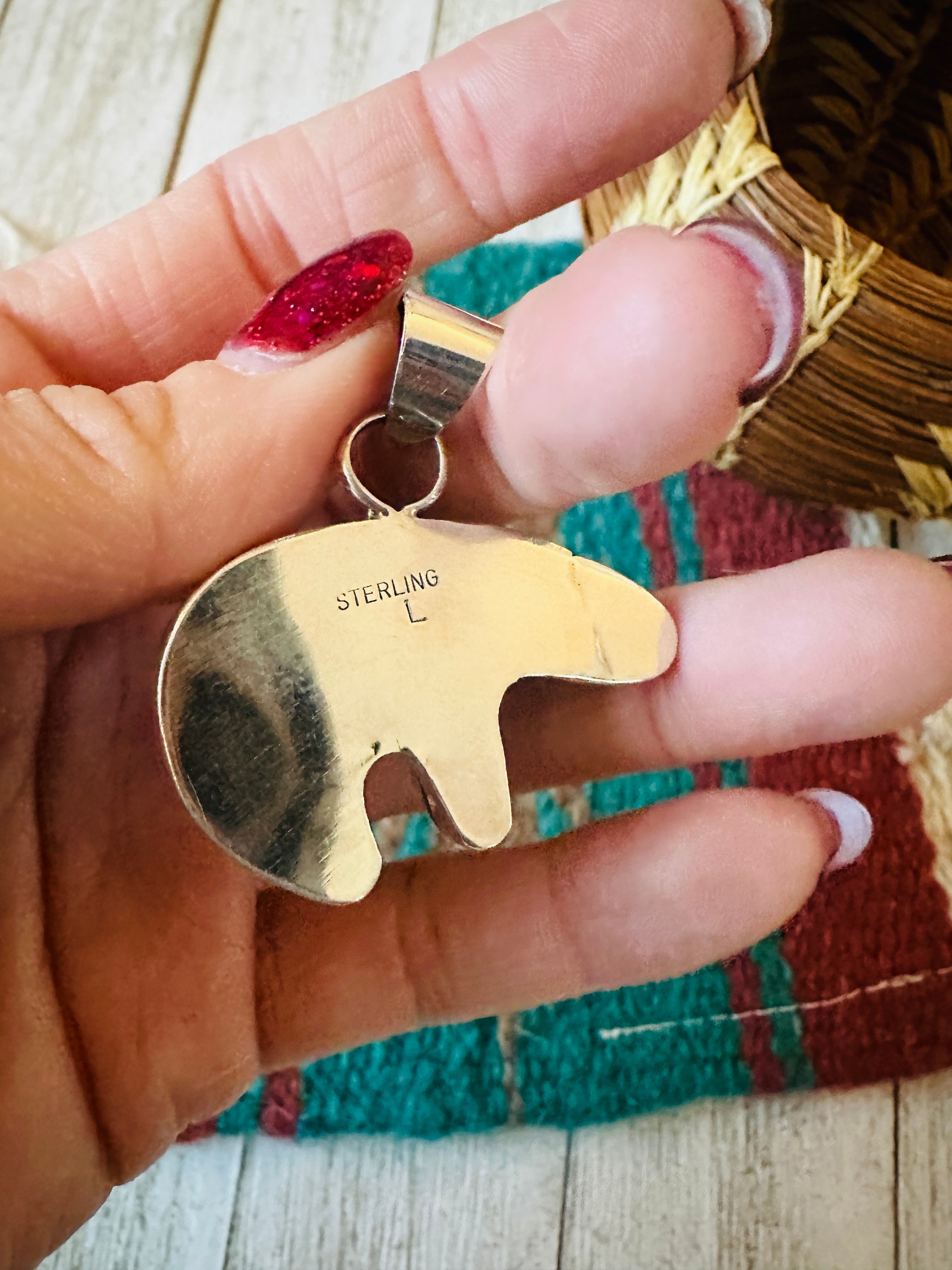 Handcrafted Turquoise, Spiny & Sterling Silver Inlay Fetish Bear Pendant