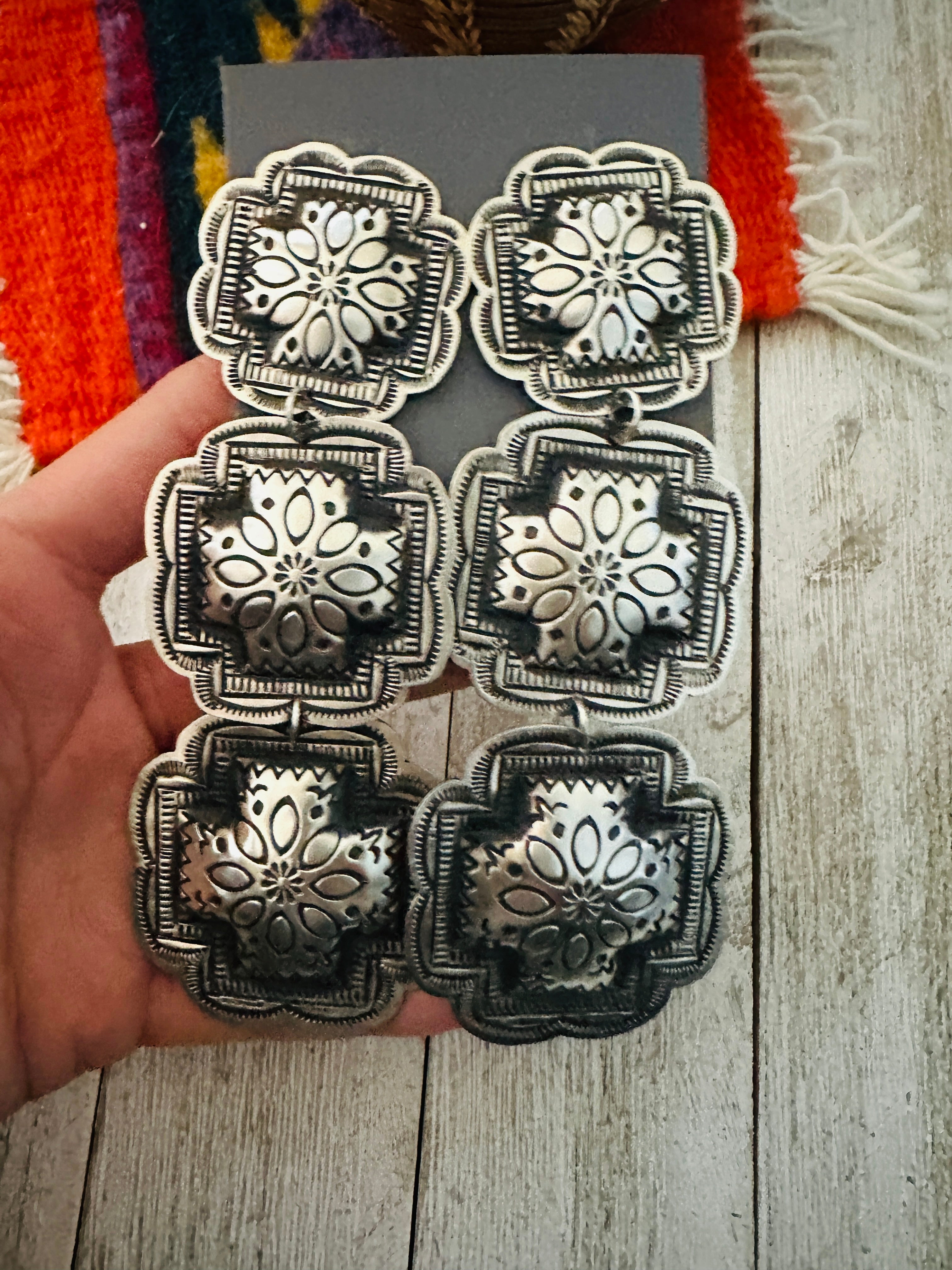 Handcrafted & Hand Stamped Sterling Silver Concho Dangle Earrings by Leander Tahe