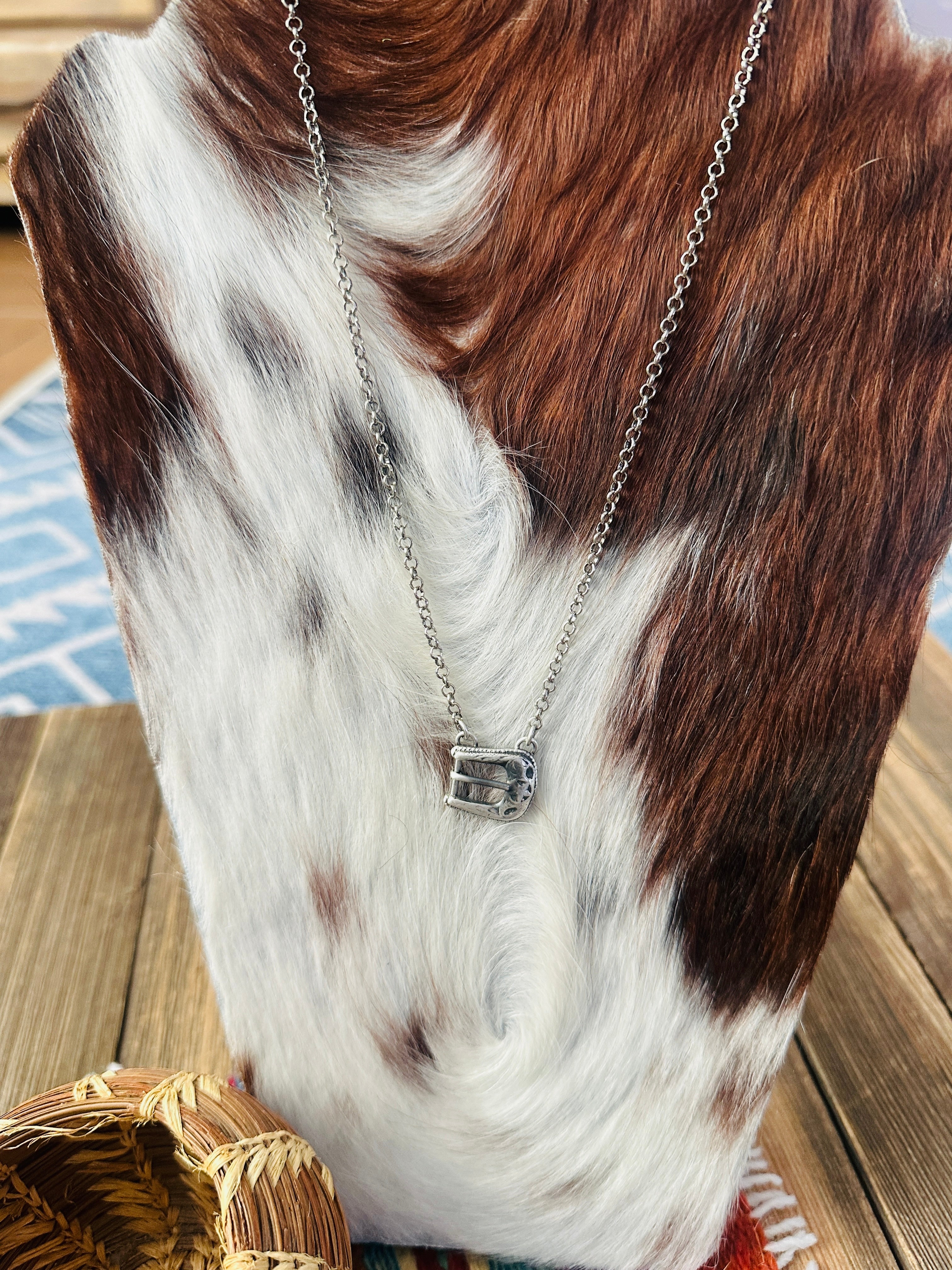 Handcrafted Sterling Silver Belt Buckle Necklace by Patrick Yazzie