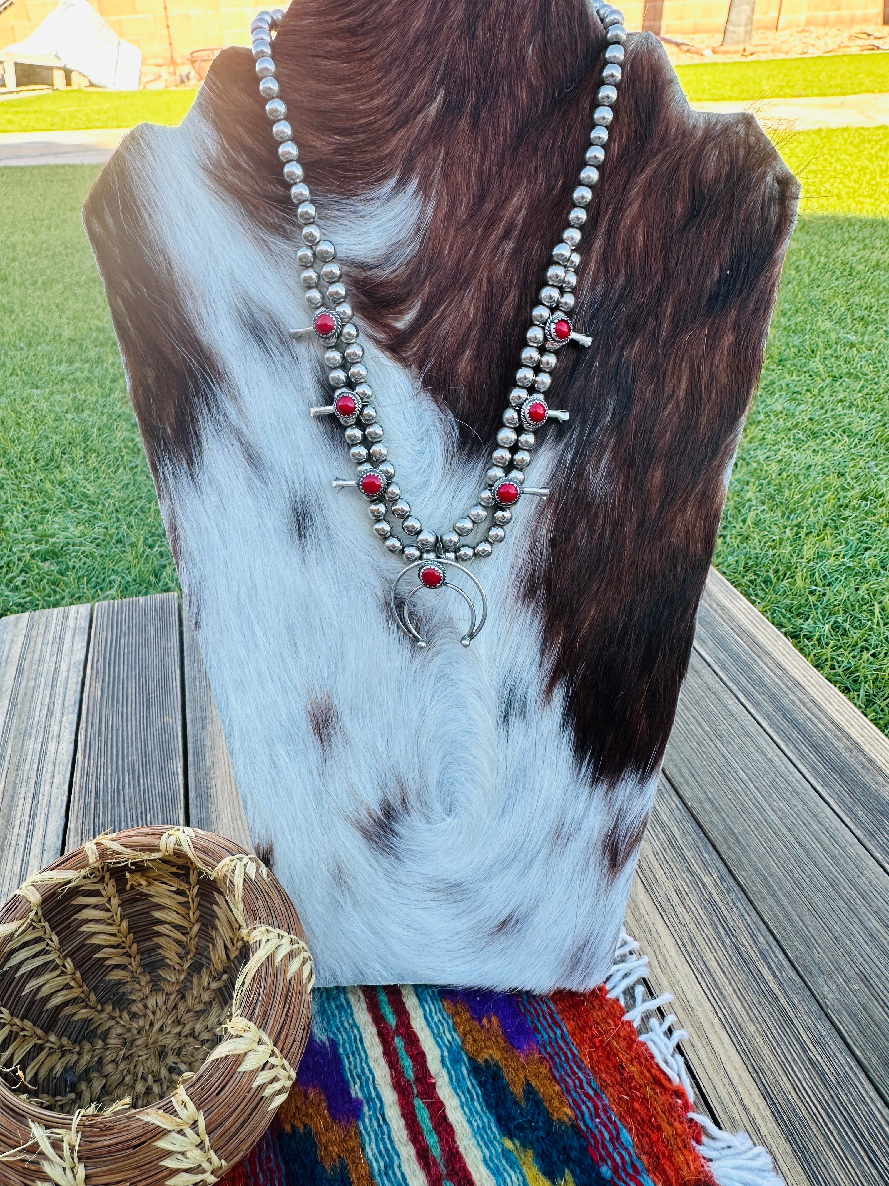 Old Pawn Handcrafted Coral, Nickel & Sterling Silver Squash Blossom Necklace