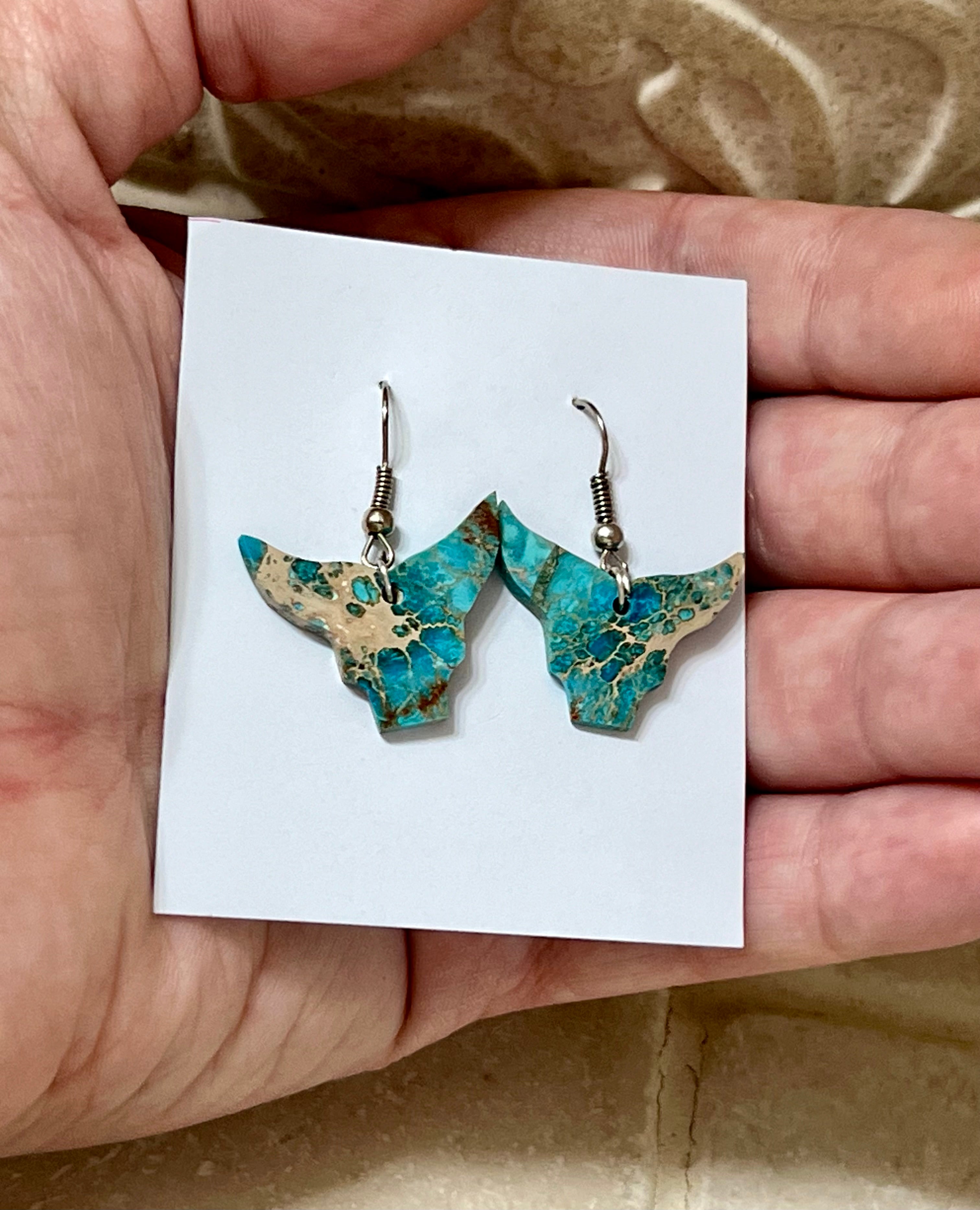 Handcrafted Blue Indigo Turquoise & Sterling Silver Bull head Slab Earrings