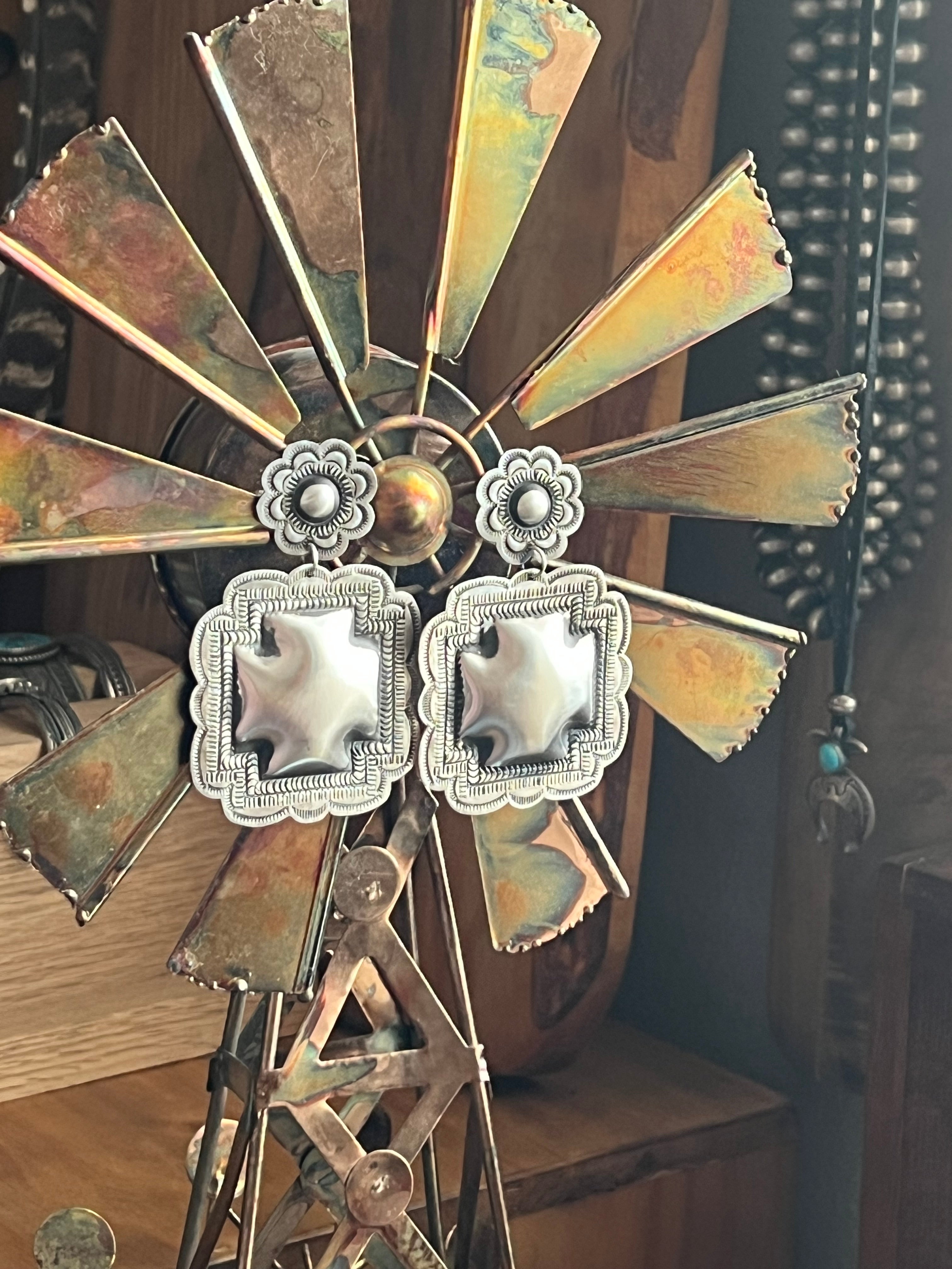 Handcrafted Sterling Silver Stamped Repousse Santa Fe Cross Earrings by Leander Tahe, C3