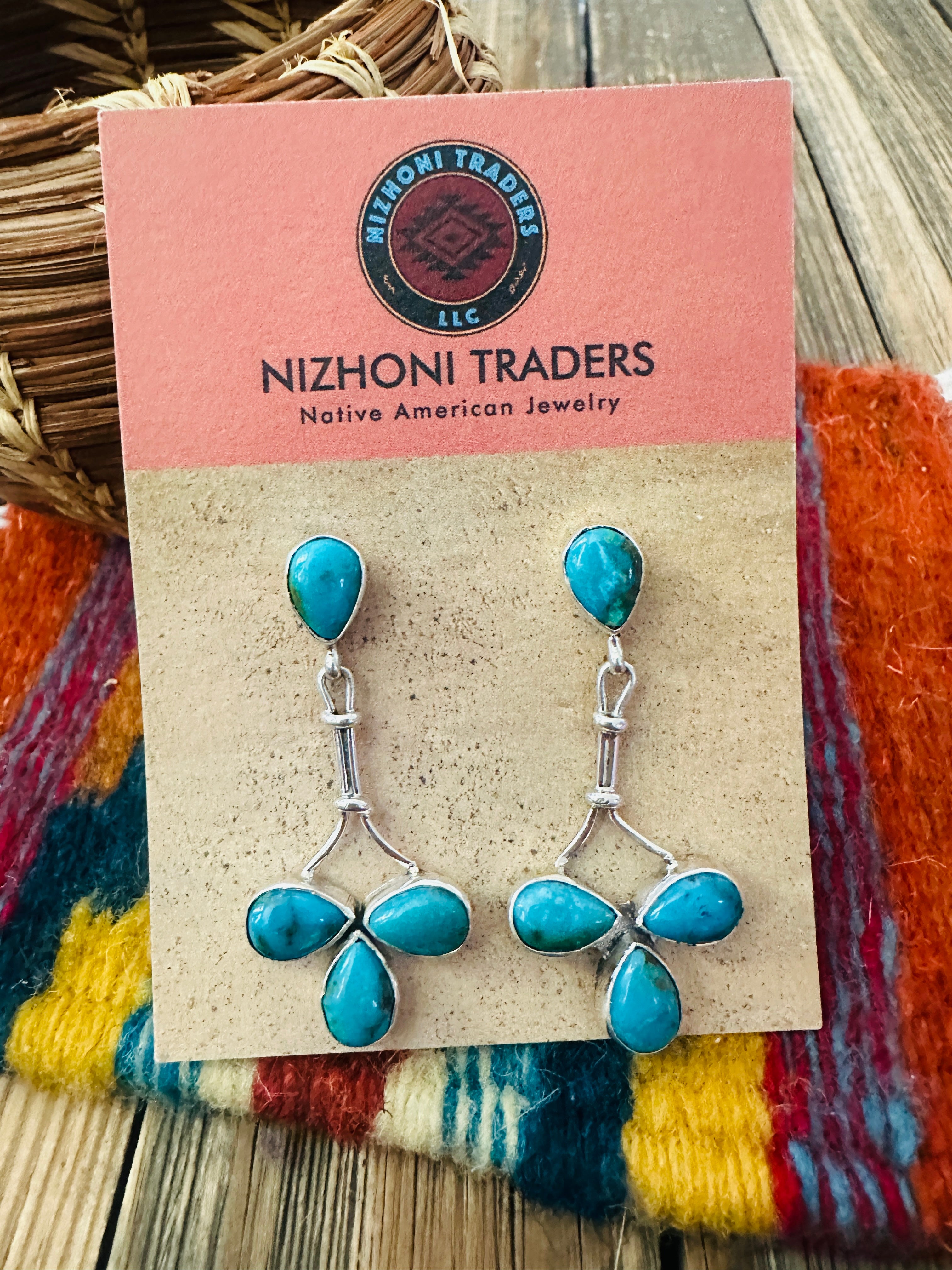 Handcrafted Turquoise & Sterling Silver Cluster Dangle Earrings