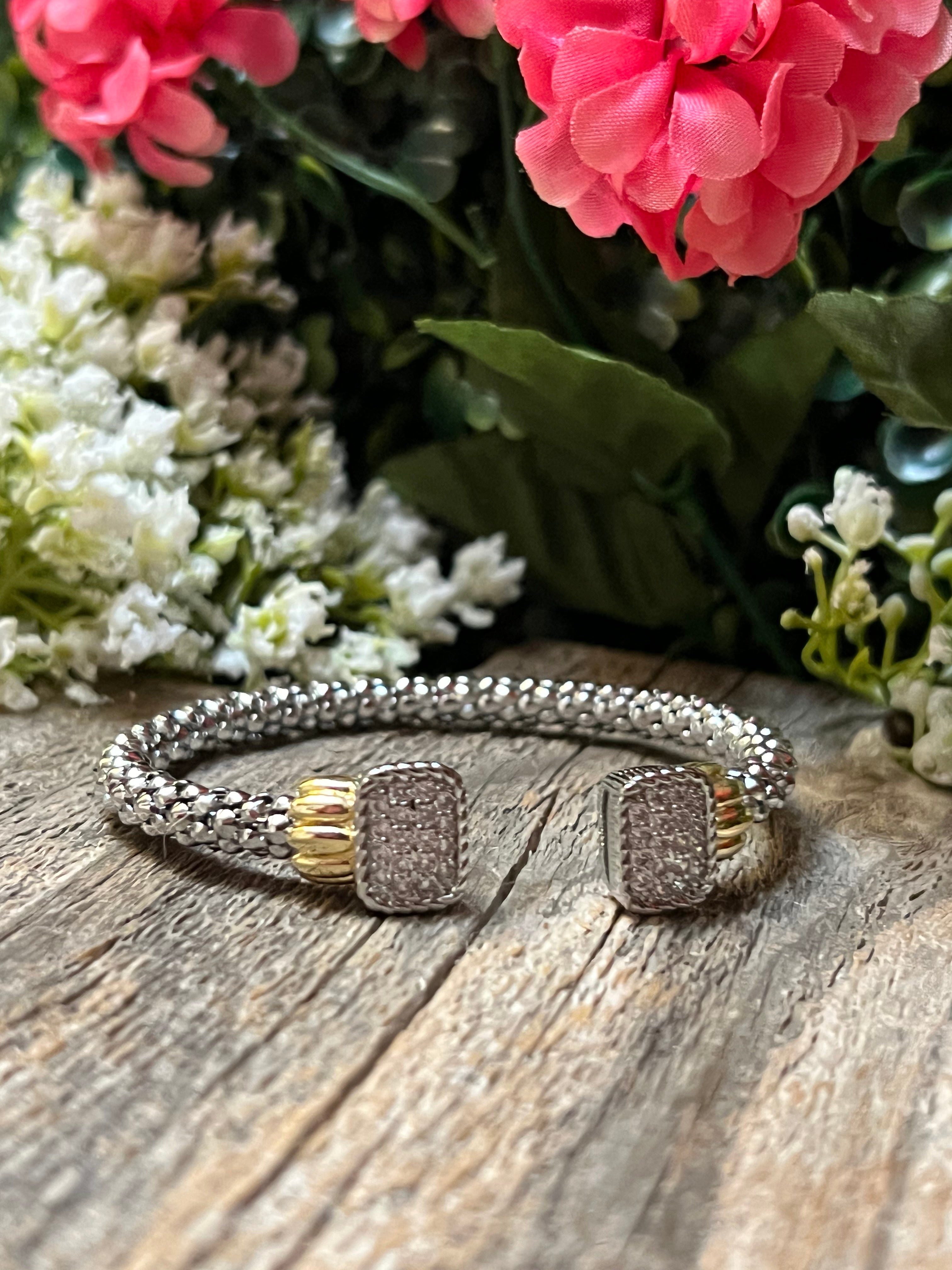 Silver & 14k Gold Plated Two Tone Popcorn Rectangle Shaped CZ Bangle Bracelet