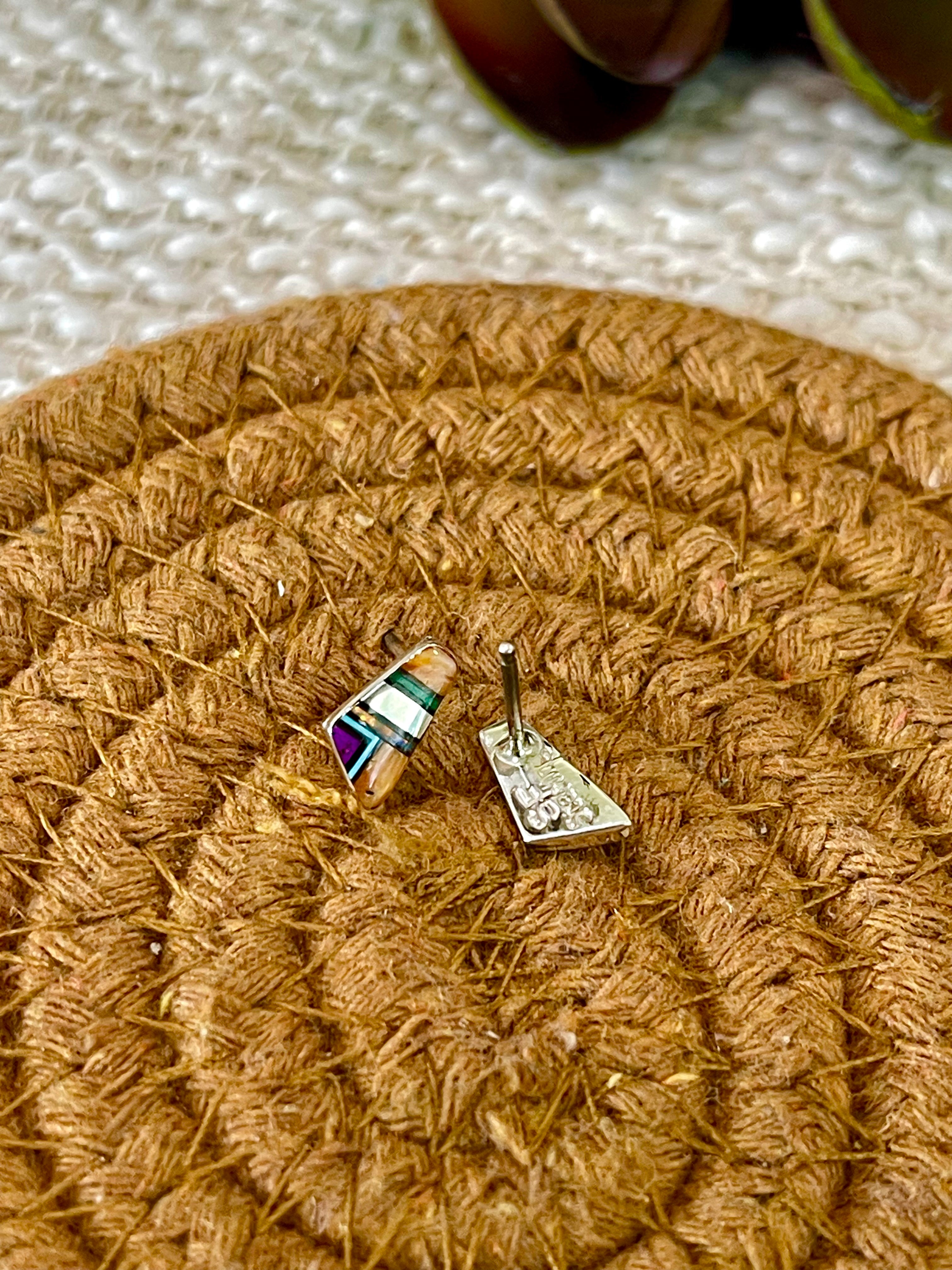 Gorgeous Handmade Sterling Silver & Multi Stone Inlay Stud Earrings