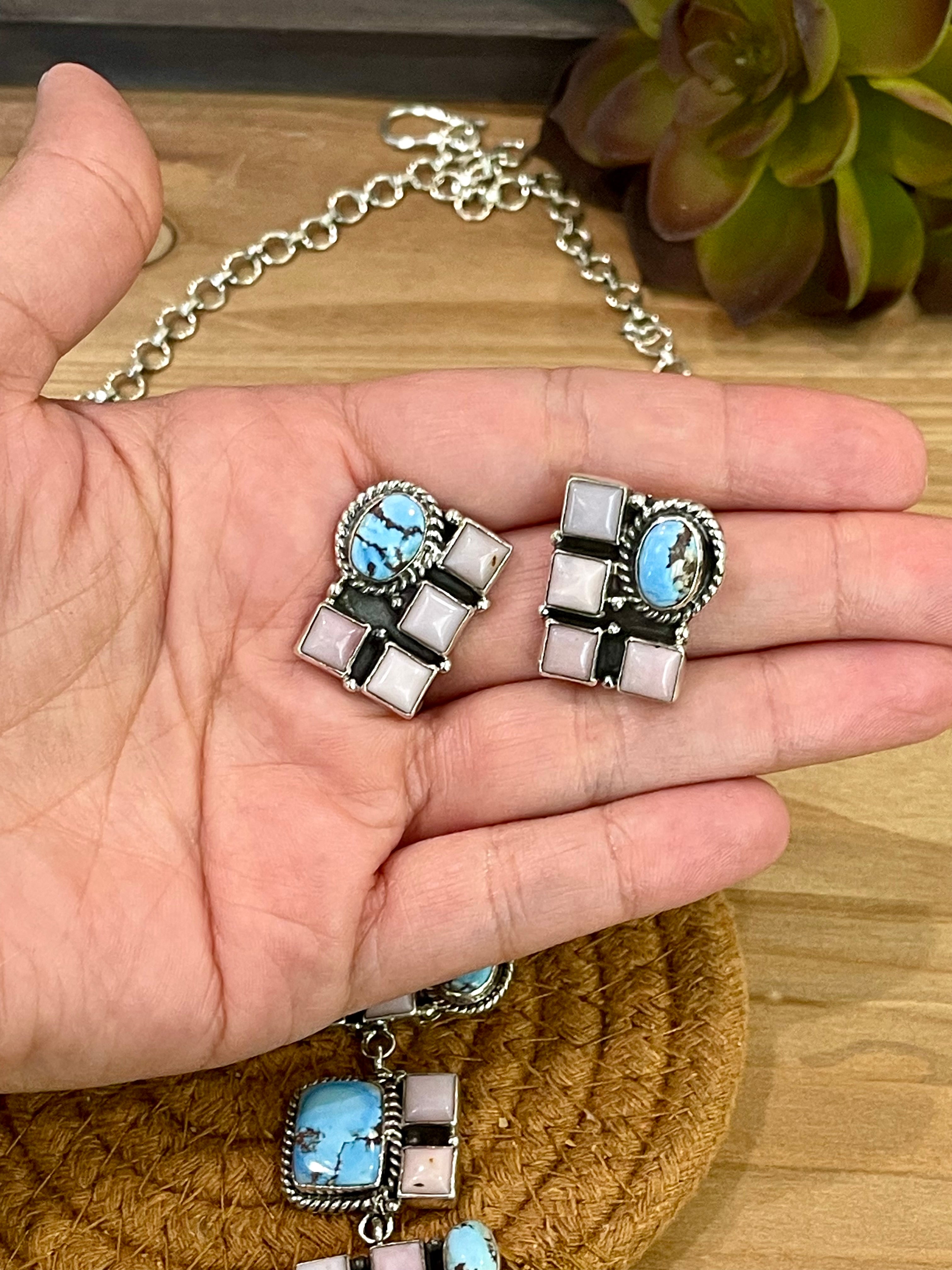 Beautiful Handmade Sterling Silver Golden Hills Turquoise Pink Opal Necklace Set