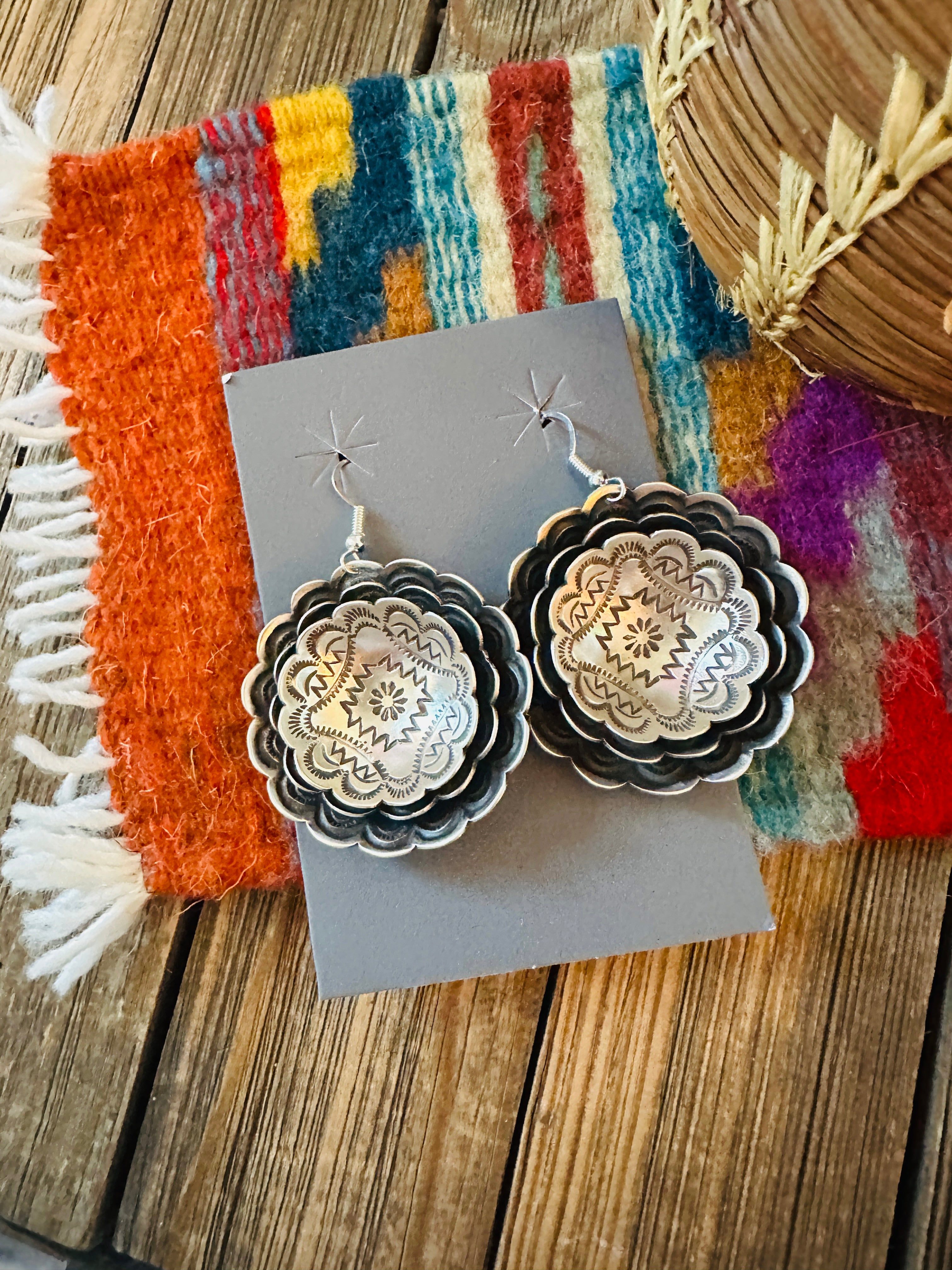 Handcrafted Sterling Silver Concho Dangle Earrings by Leander Tahe