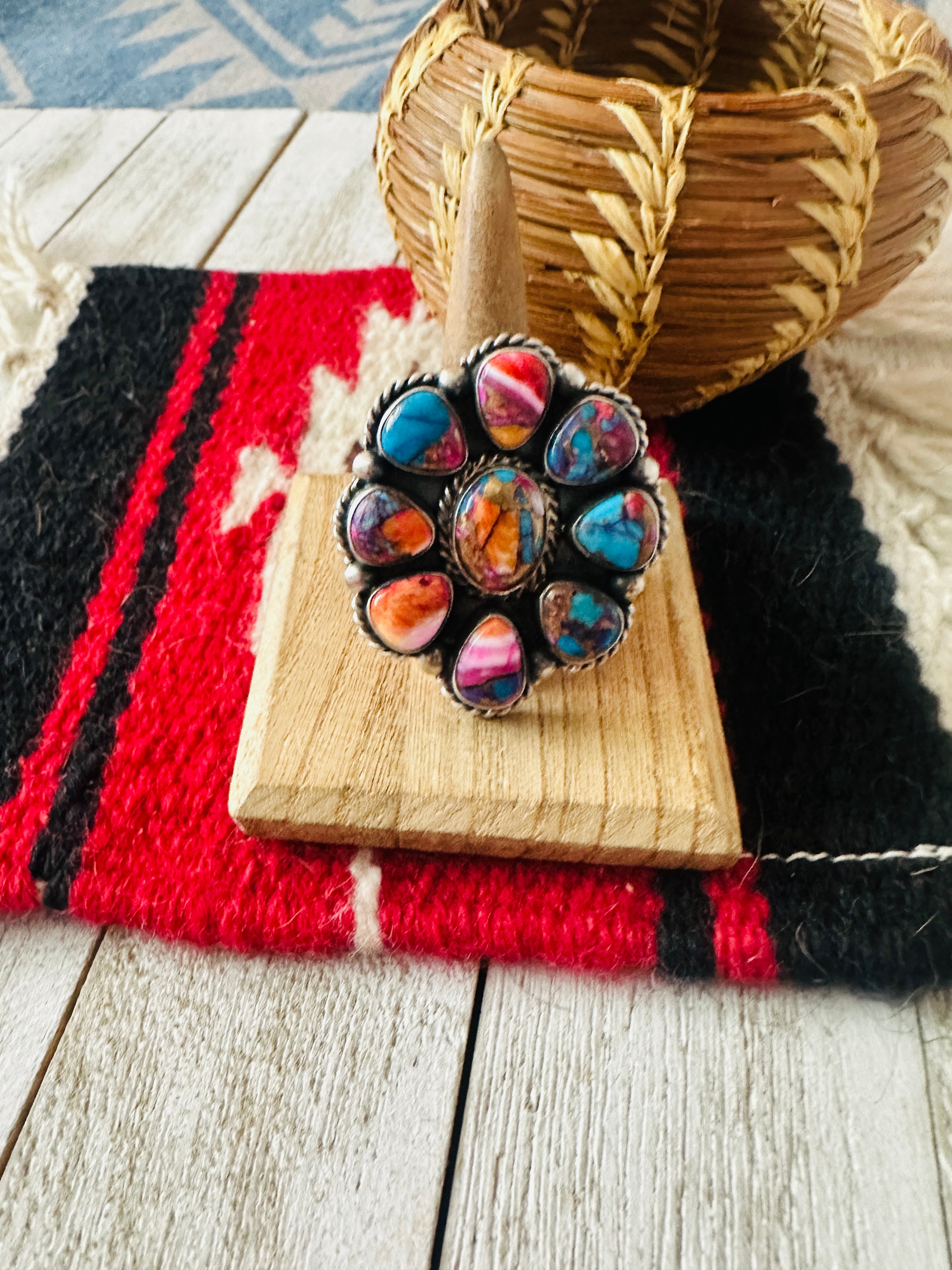 Handcrafted Sterling Silver & Pink Dream Mojave Cluster Adjustable Ring