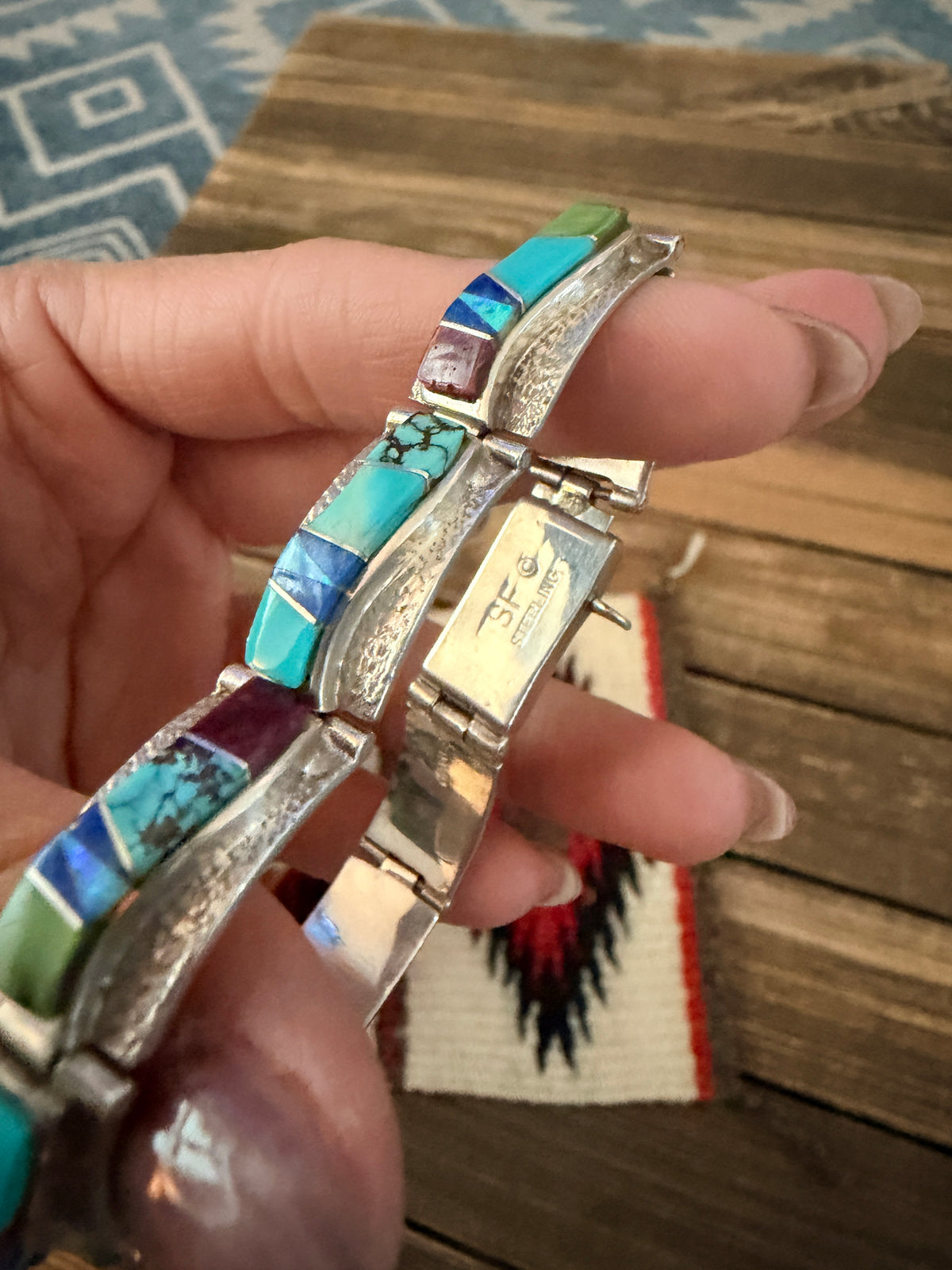 Handcrafted Old Pawn Sterling Silver & Multi Stone Inlay Link Bracelet