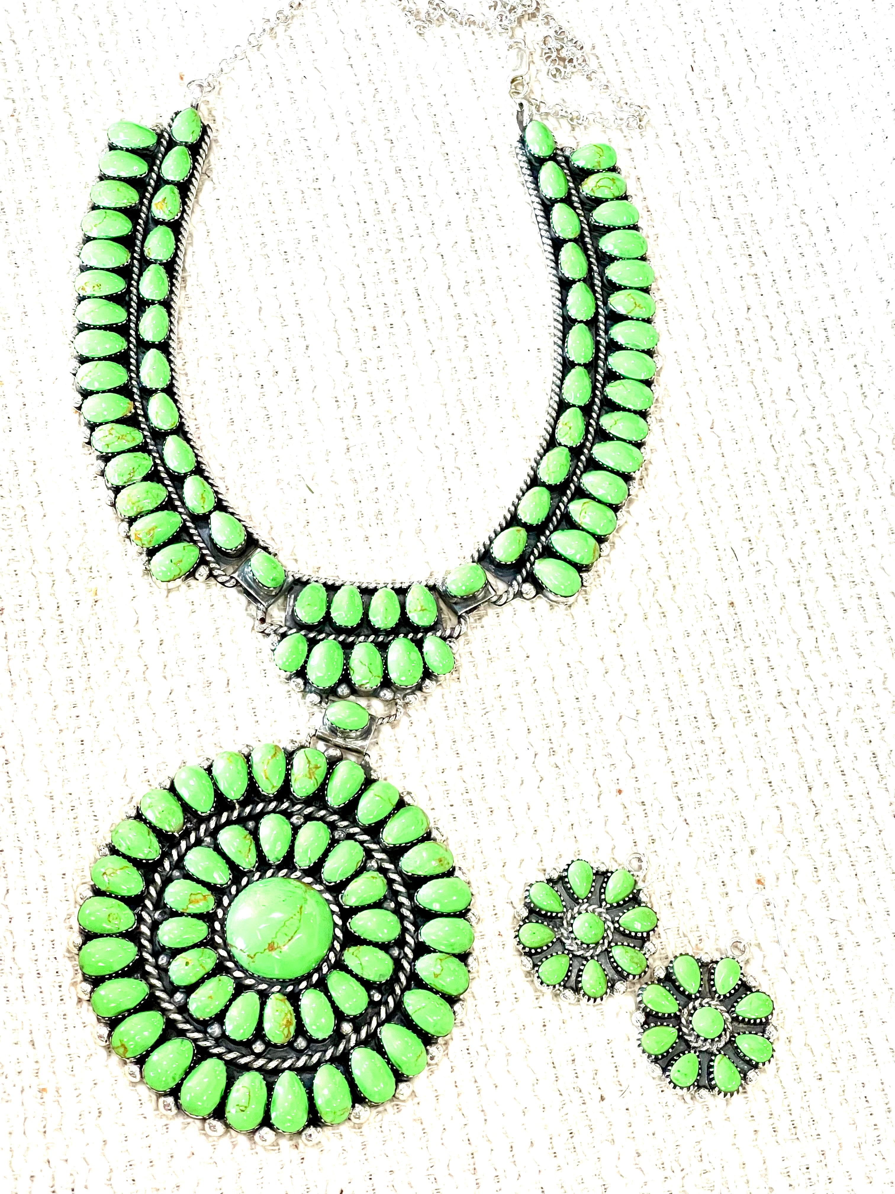 Beautiful Handmade Sterling Silver & Dyed Kingman Turquoise Cluster Necklace And Earring Set