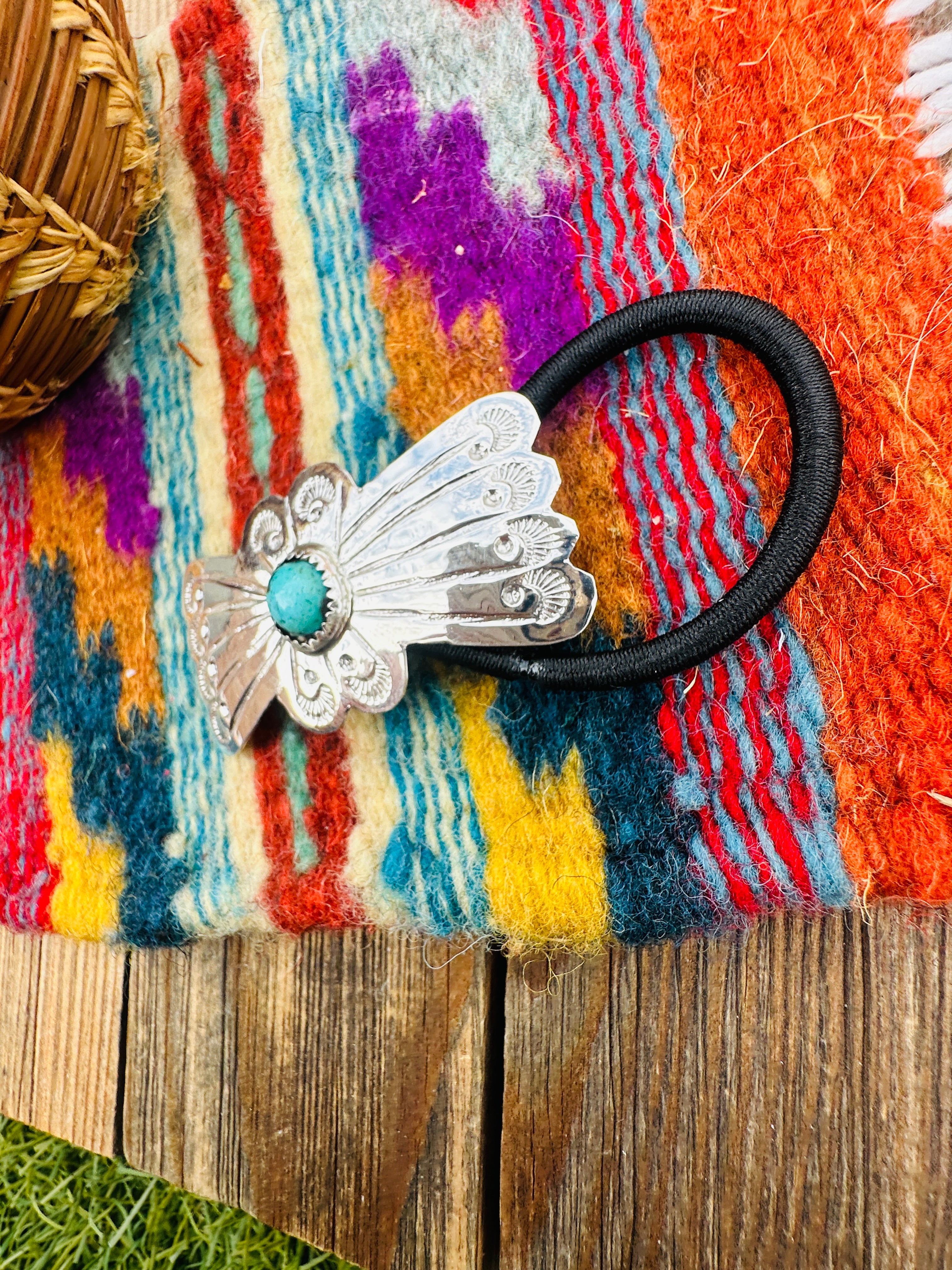Handcrafted Turquoise & Sterling Silver Concho Hair Tie