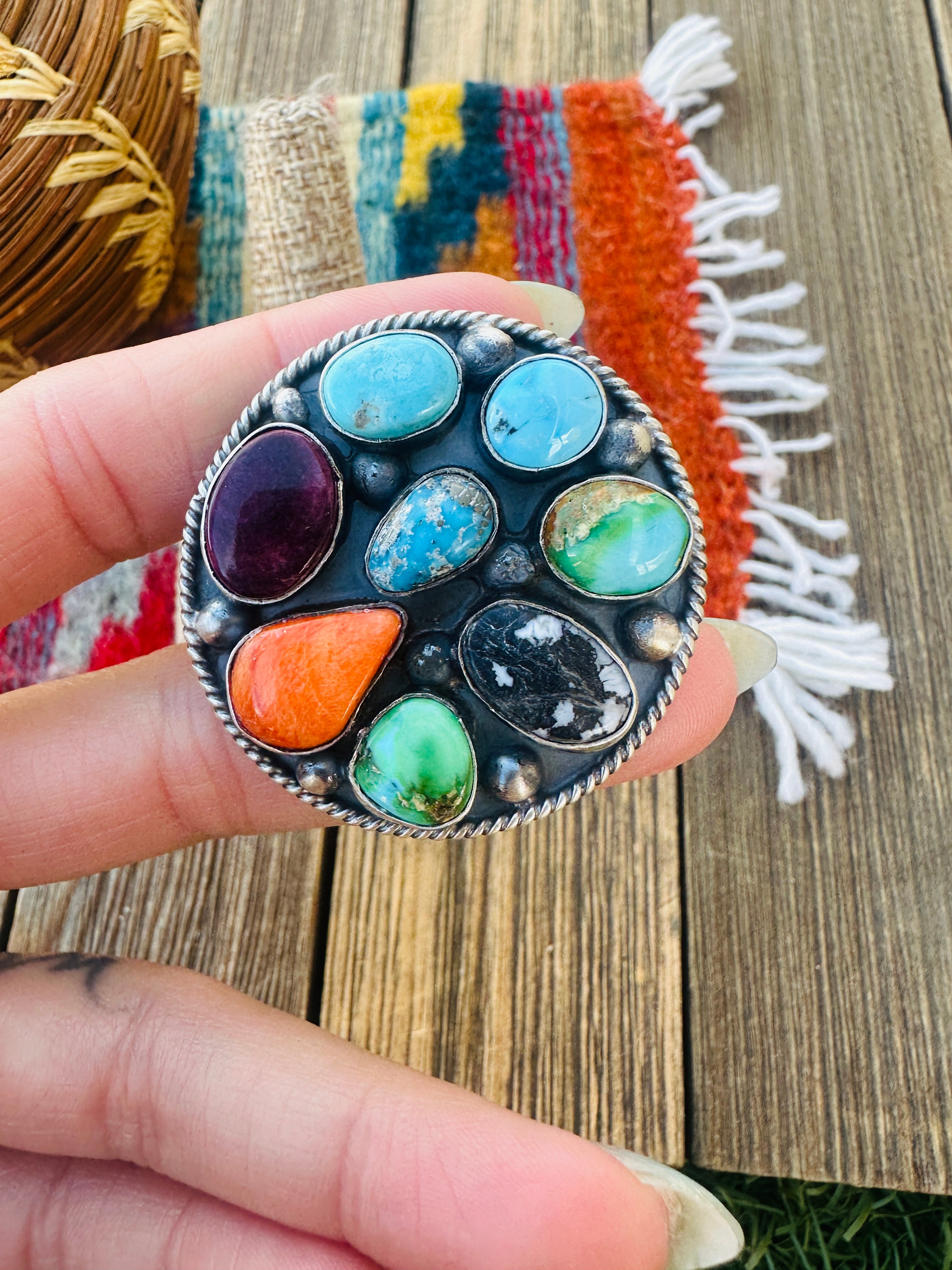 Handcrafted Sterling Silver & Multi Stone Cluster Adjustable Ring by Vicky Hicks