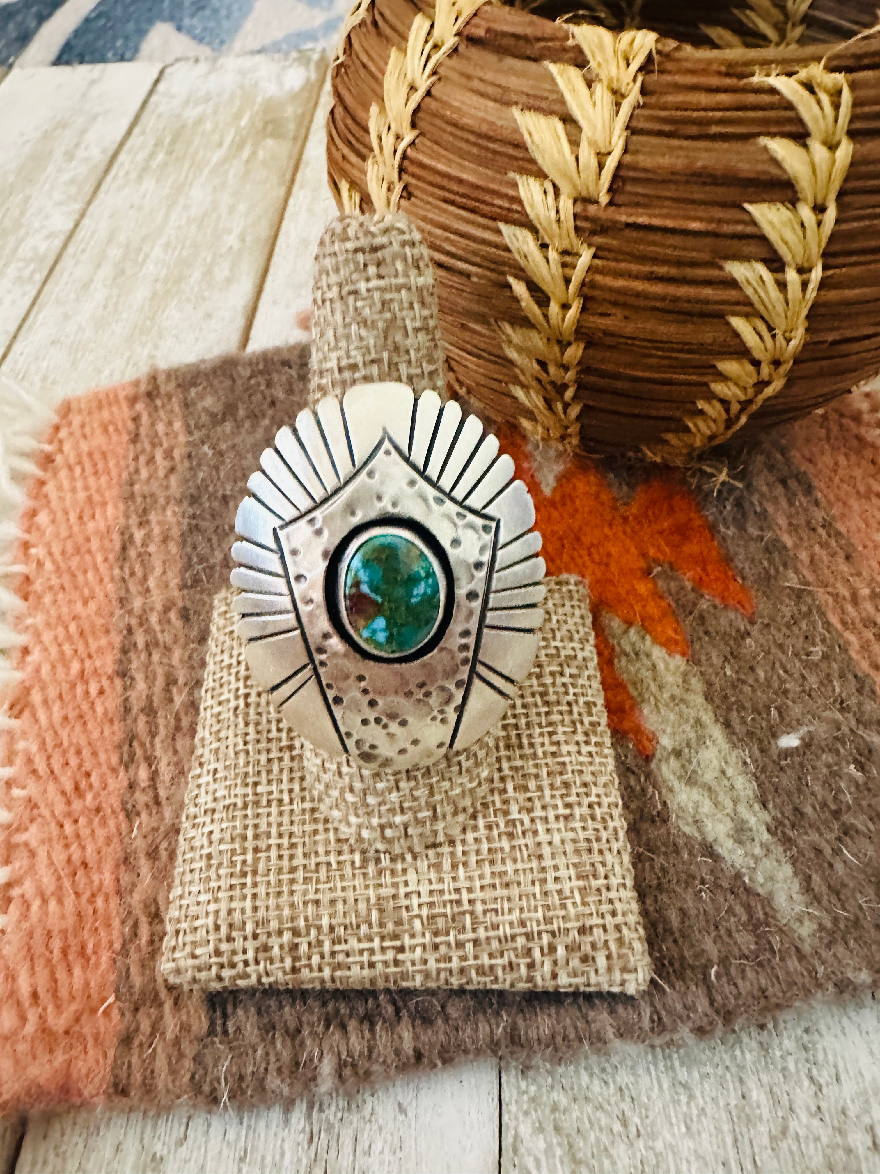 Handcrafted Hand Stamped Sterling Silver & Sonoran Mountain Turquoise Ring Size 8